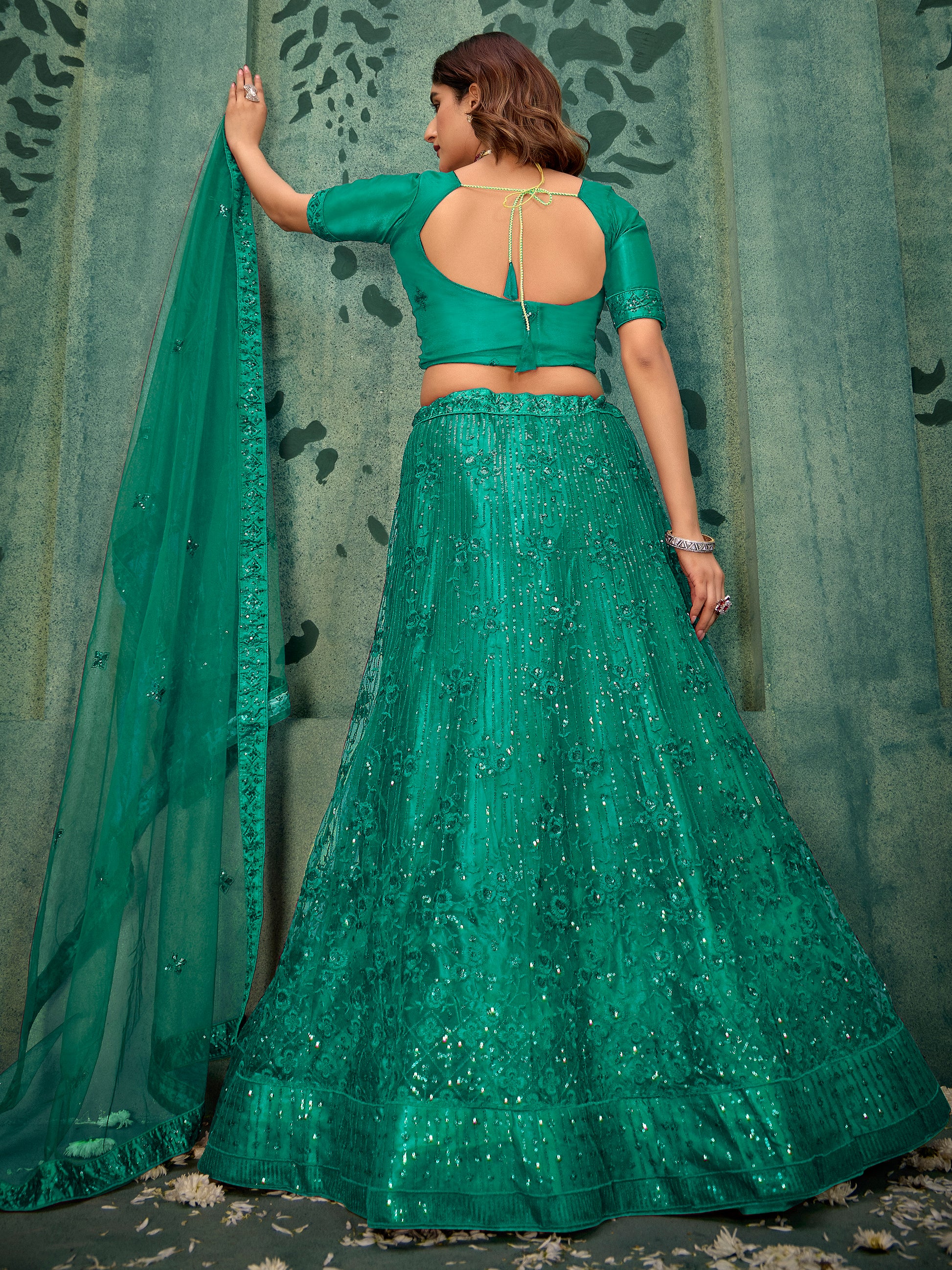 Incredible Green Thread Work Net Mehendi Wear Lehenga Choli With Dupatta