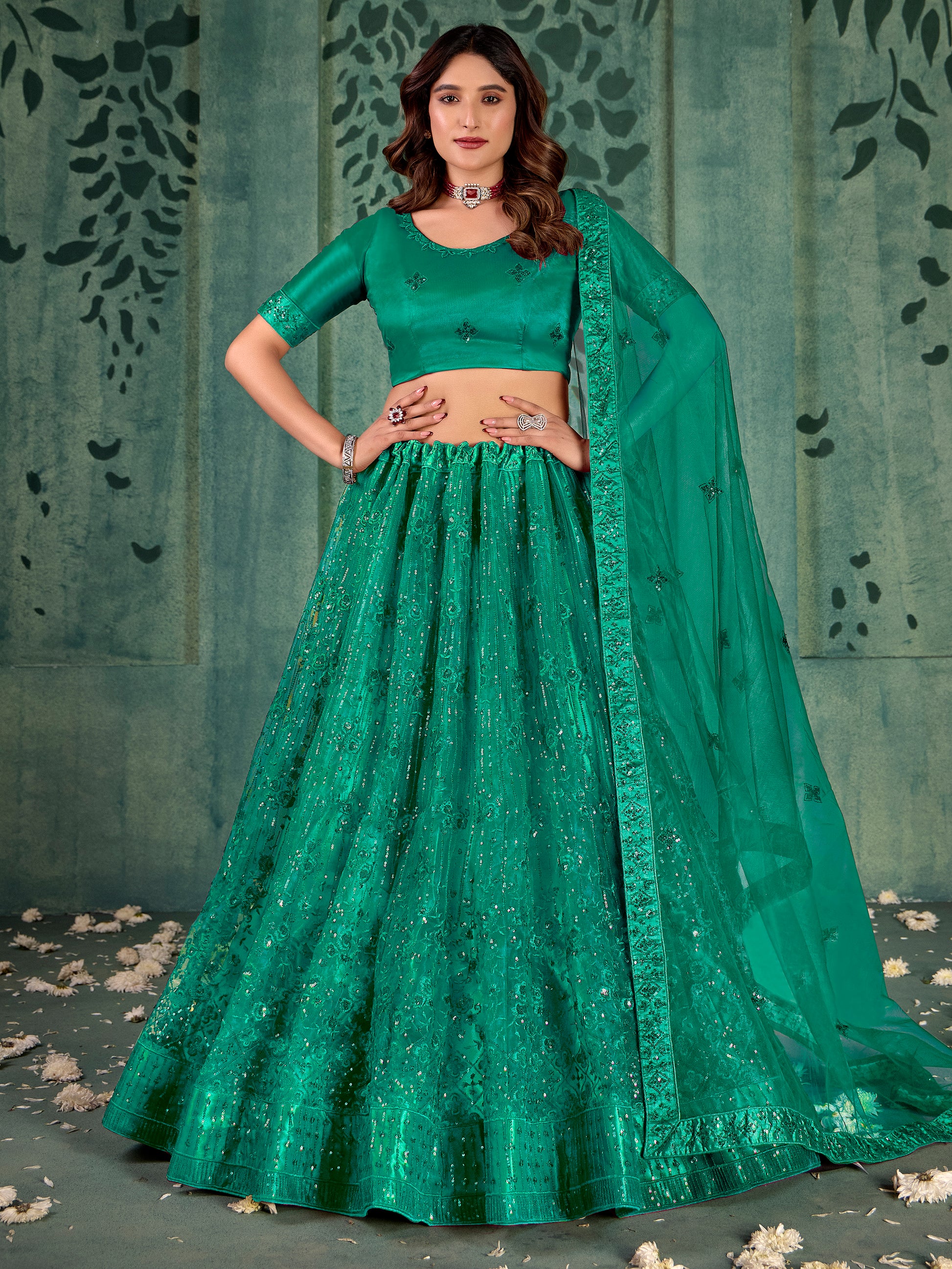 Incredible Green Thread Work Net Mehendi Wear Lehenga Choli With Dupatta