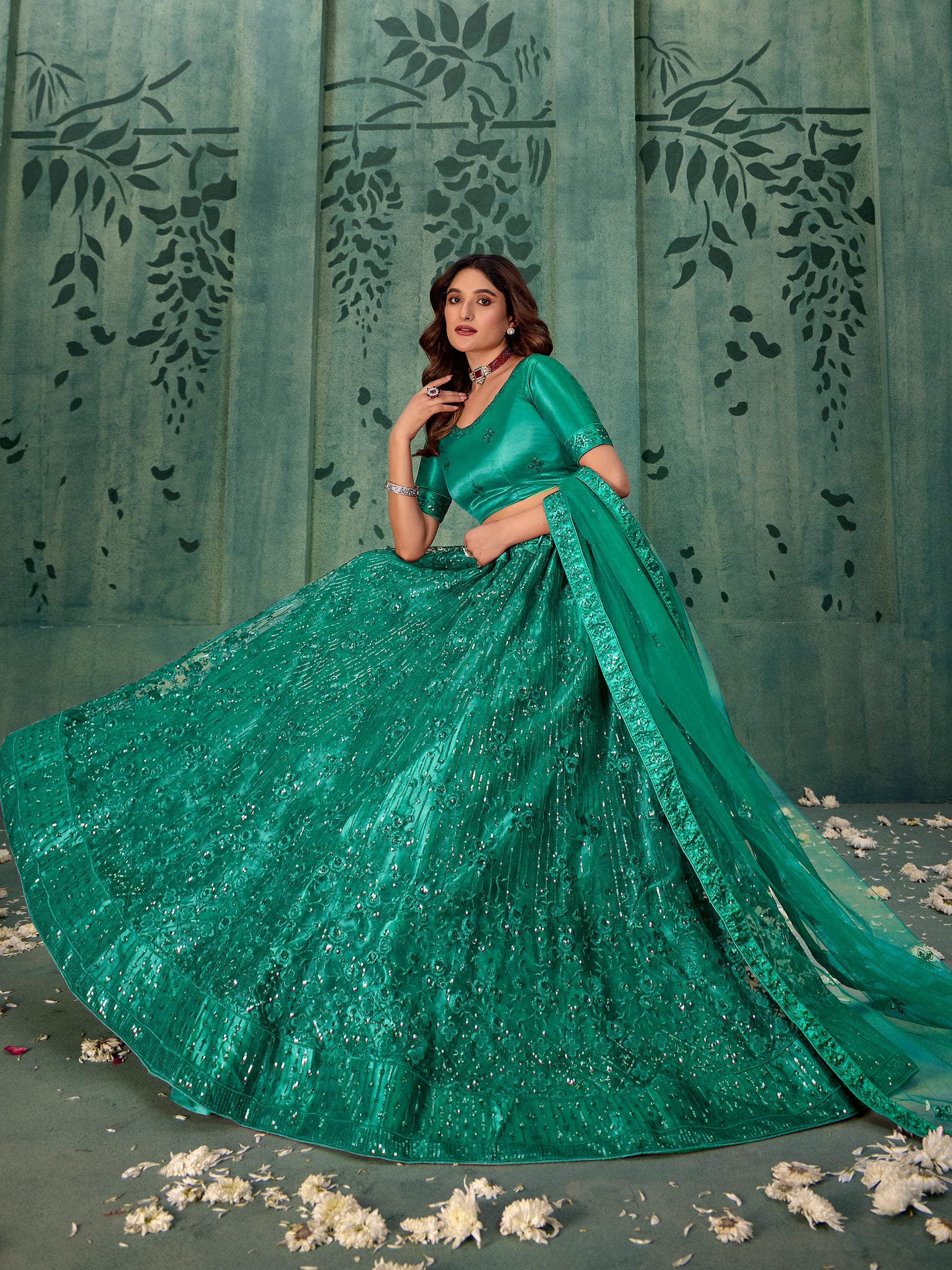 Incredible Green Thread Work Net Mehendi Wear Lehenga Choli With Dupatta