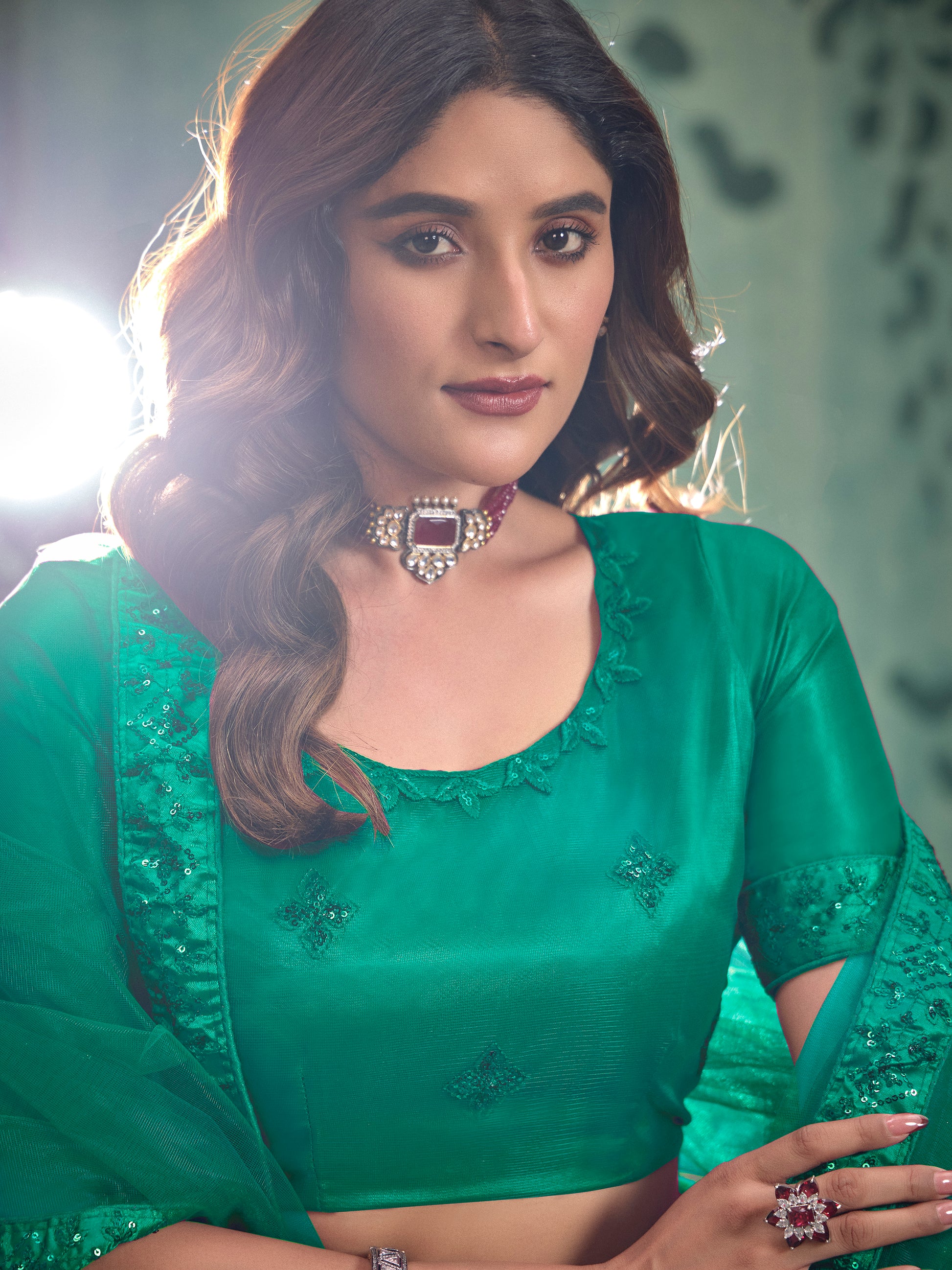 Incredible Green Thread Work Net Mehendi Wear Lehenga Choli With Dupatta