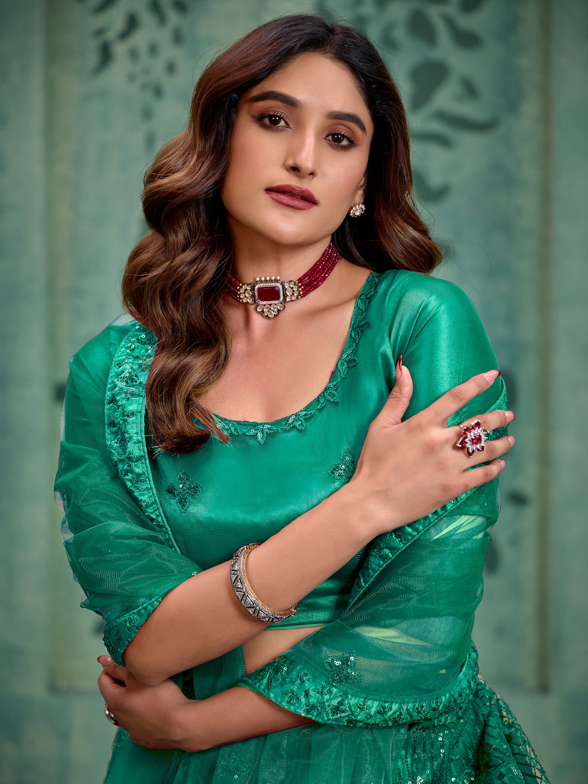 Incredible Green Thread Work Net Mehendi Wear Lehenga Choli With Dupatta