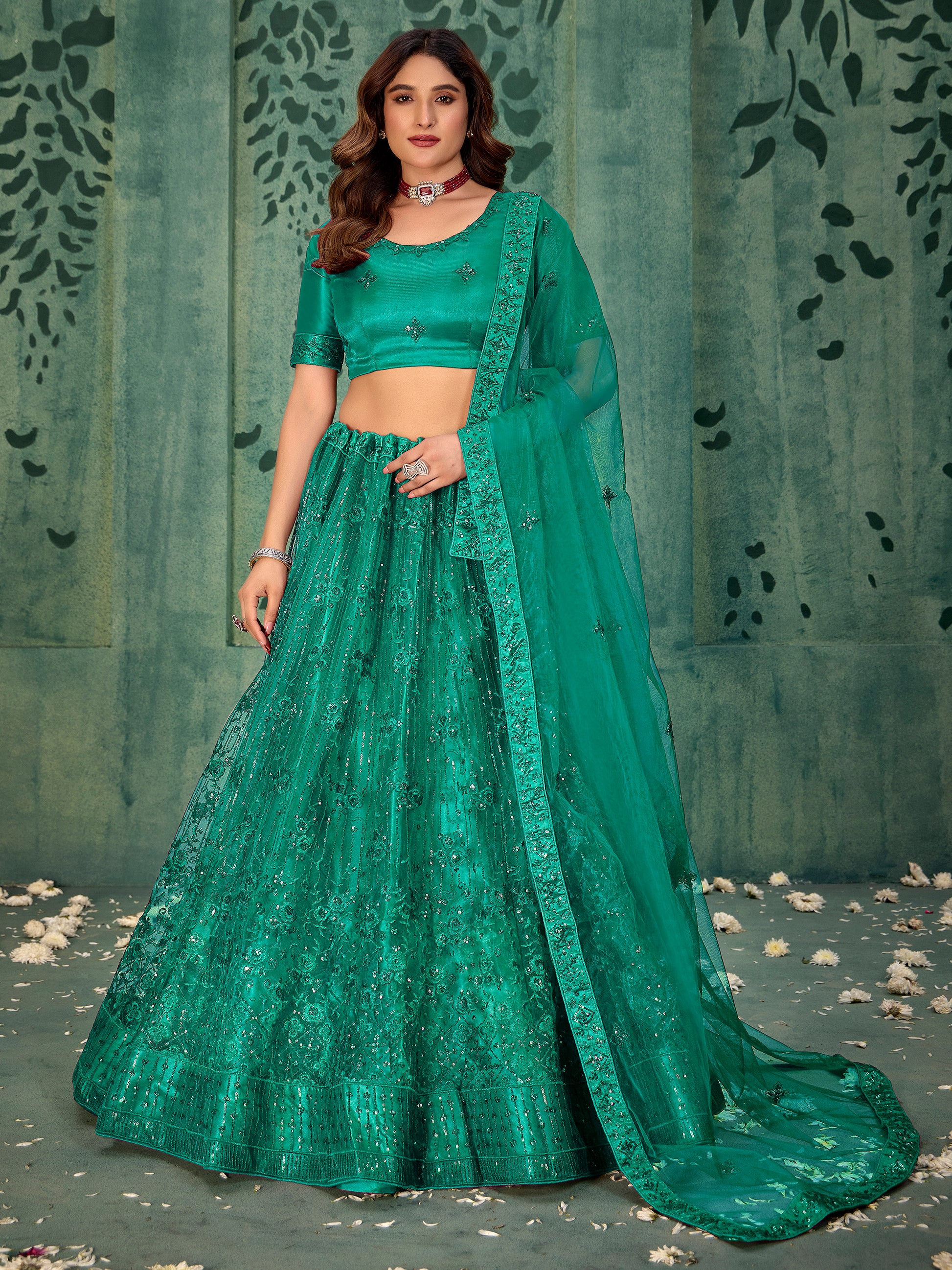 Incredible Green Thread Work Net Mehendi Wear Lehenga Choli With Dupatta