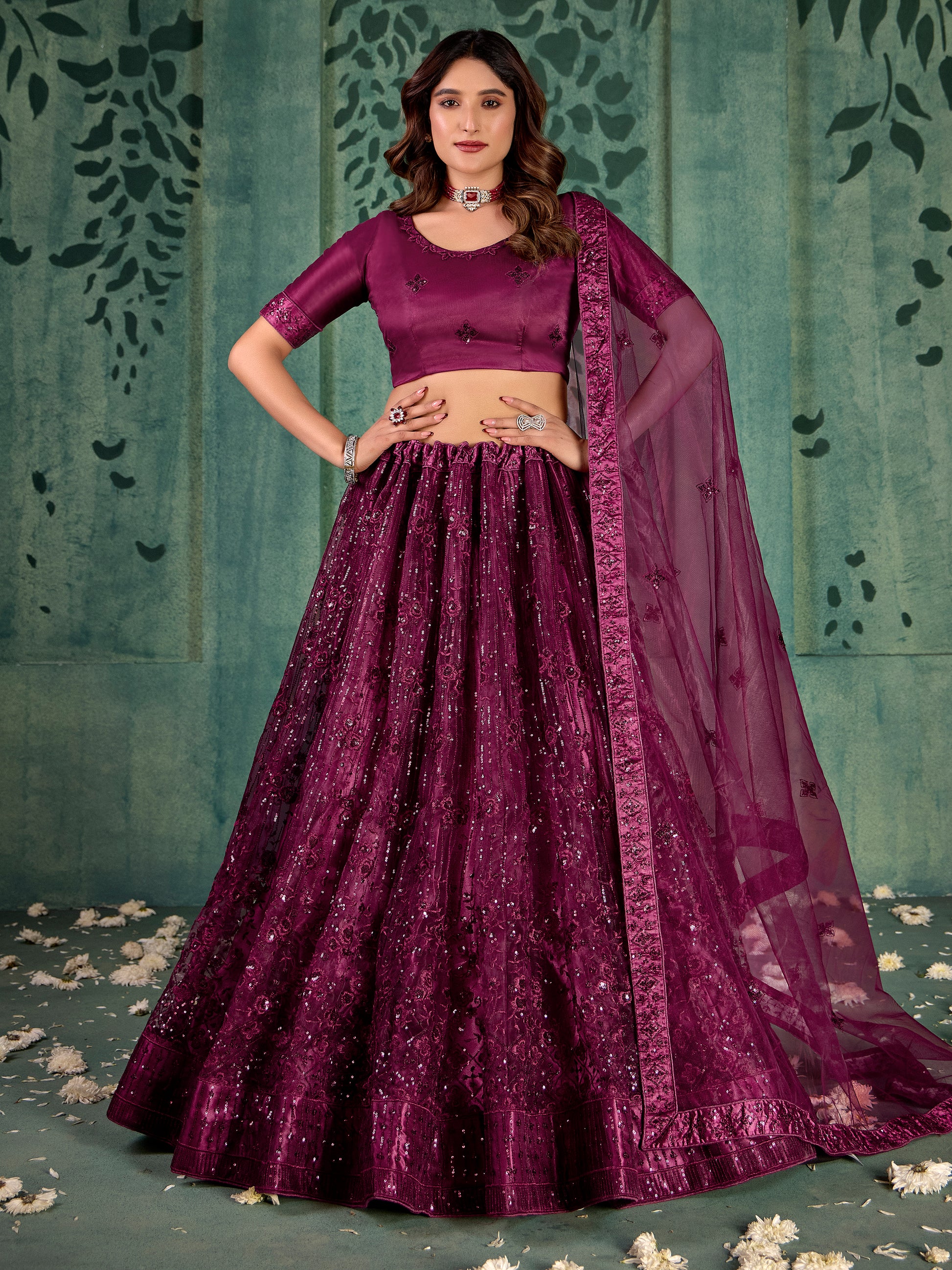 Wonderful Wine Thread Work Net Reception Wear Lehenga Choli With Dupatta