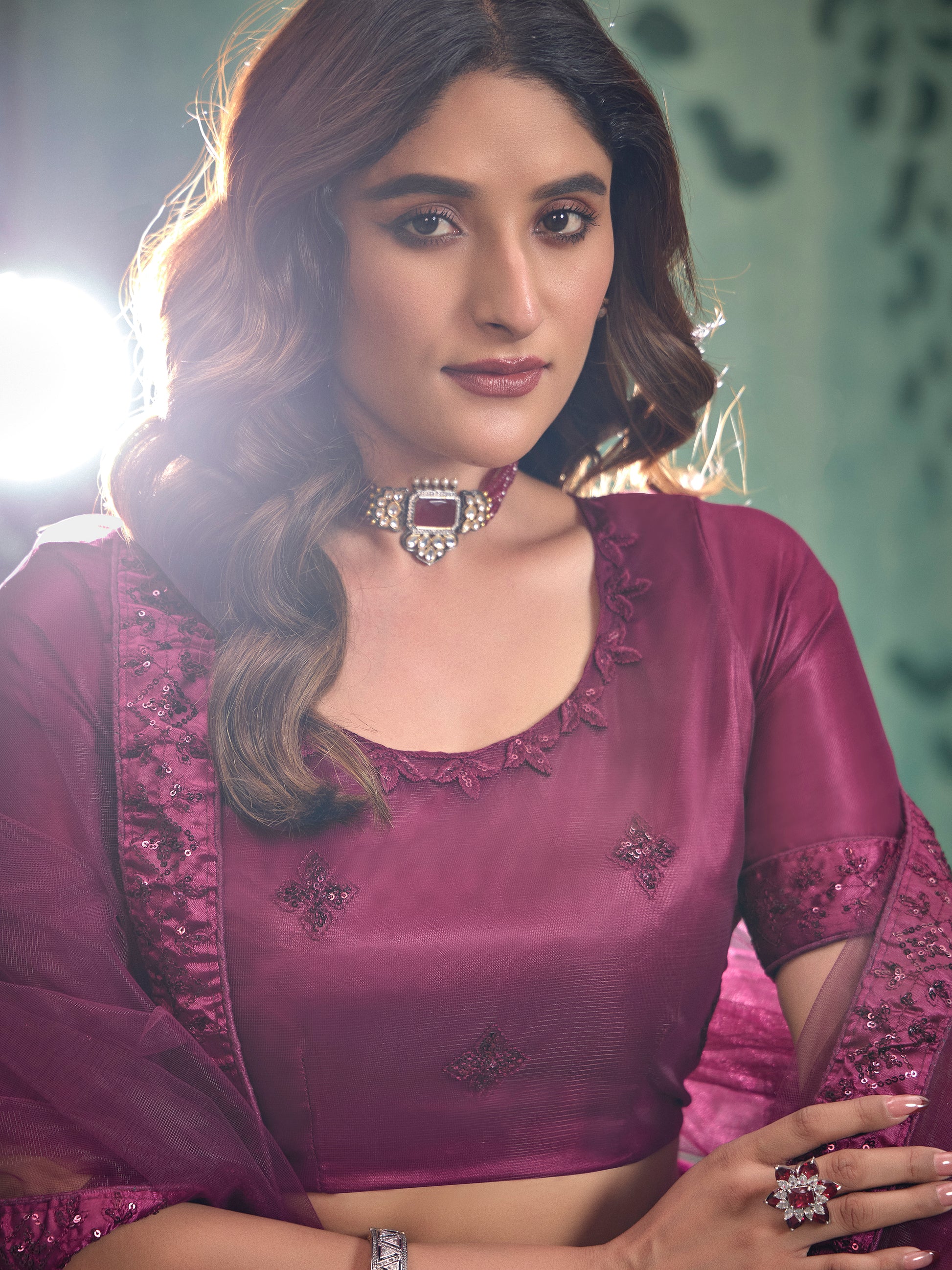 Wonderful Wine Thread Work Net Reception Wear Lehenga Choli With Dupatta