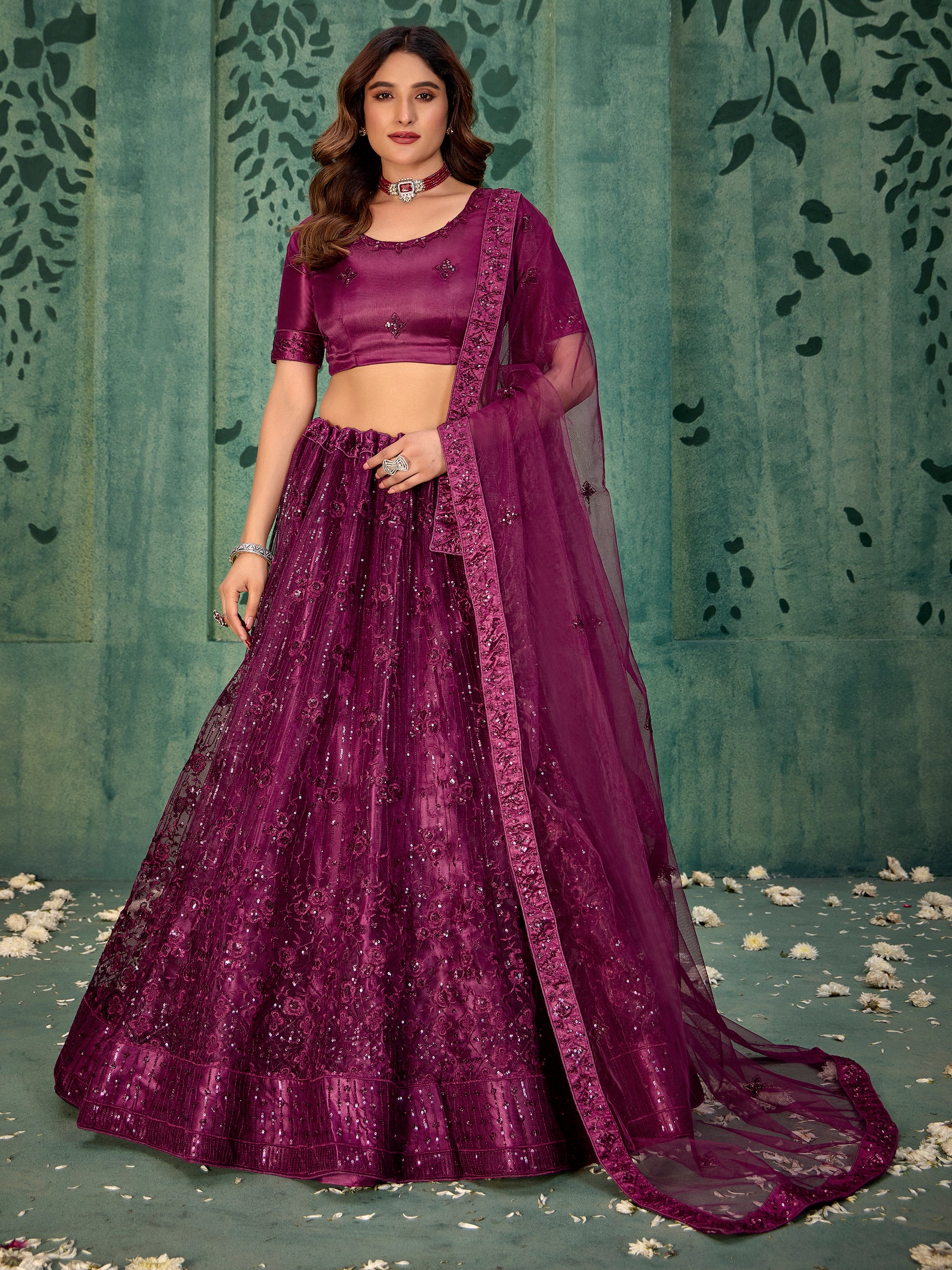 Wonderful Wine Thread Work Net Reception Wear Lehenga Choli With Dupatta