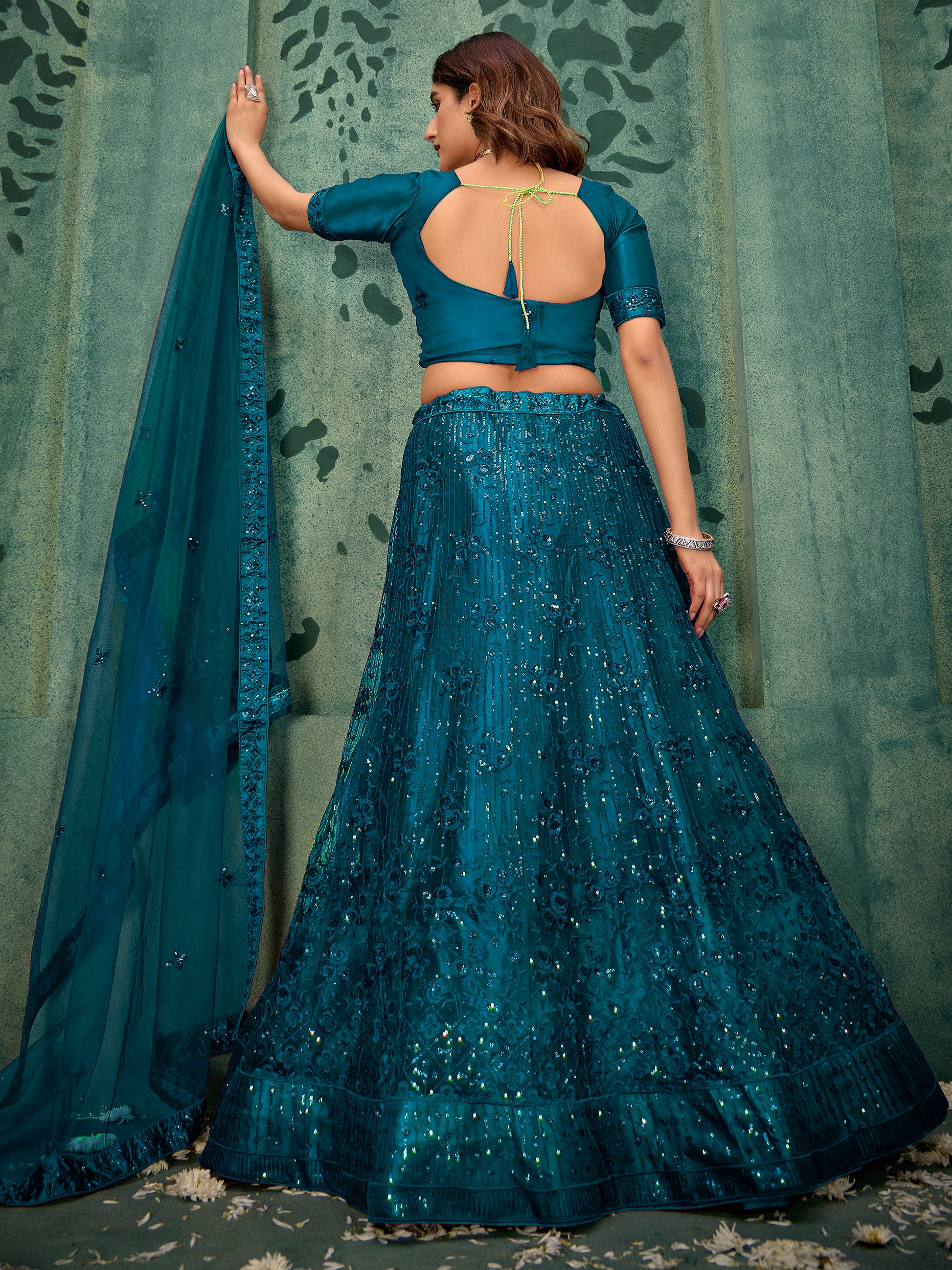 Charming Teal Blue Thread Work Net Wedding Wear Lehenga Choli With Dupatta