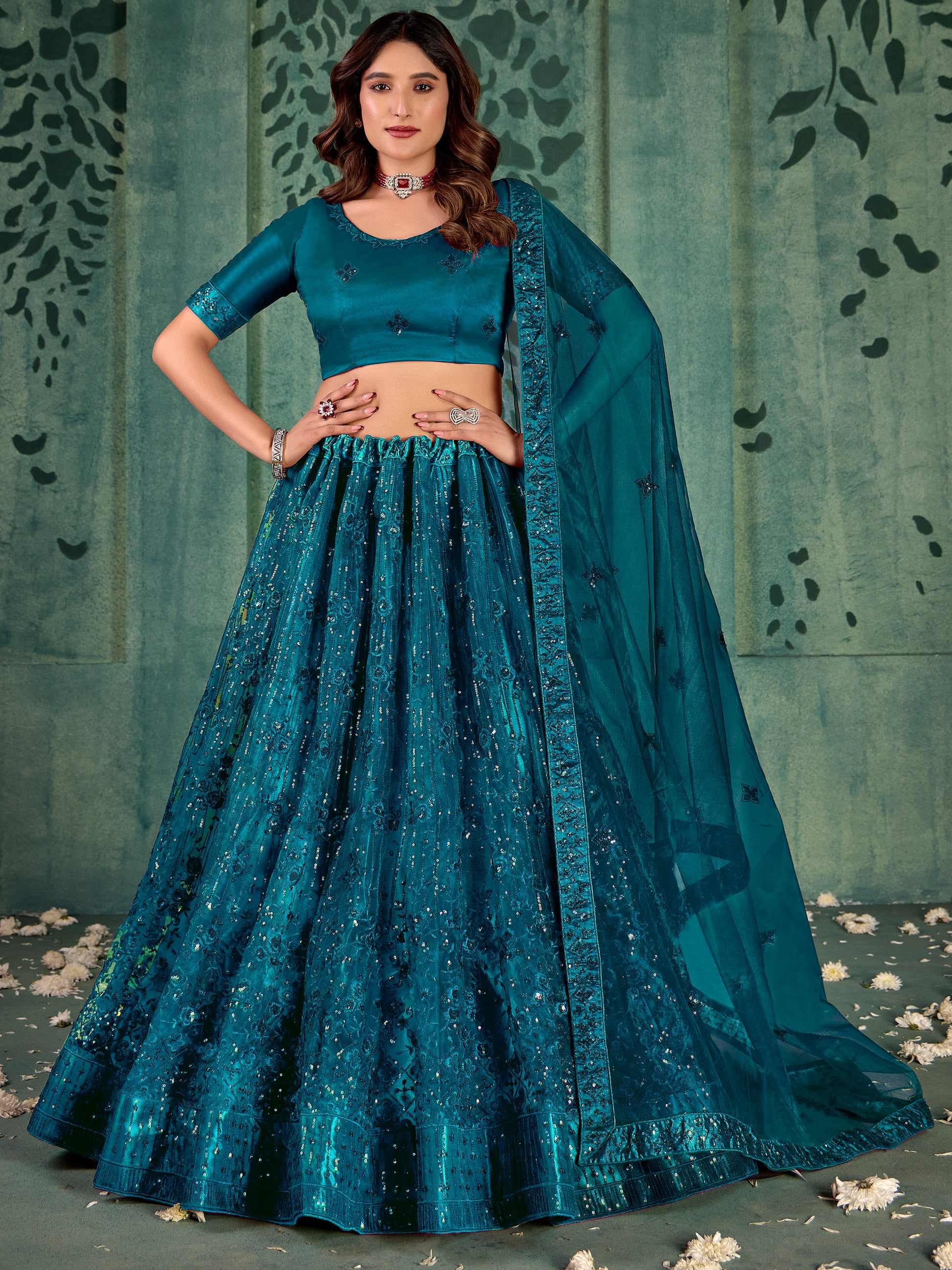Charming Teal Blue Thread Work Net Wedding Wear Lehenga Choli With Dupatta