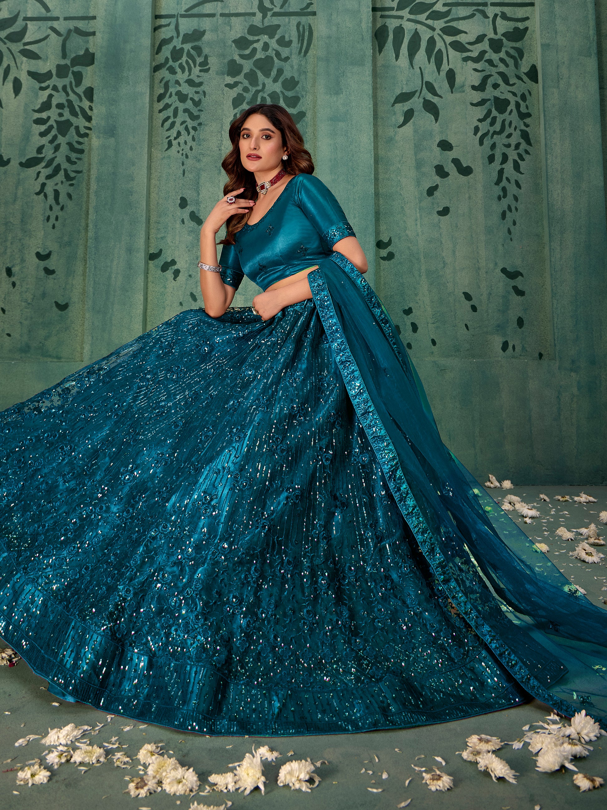 Charming Teal Blue Thread Work Net Wedding Wear Lehenga Choli With Dupatta