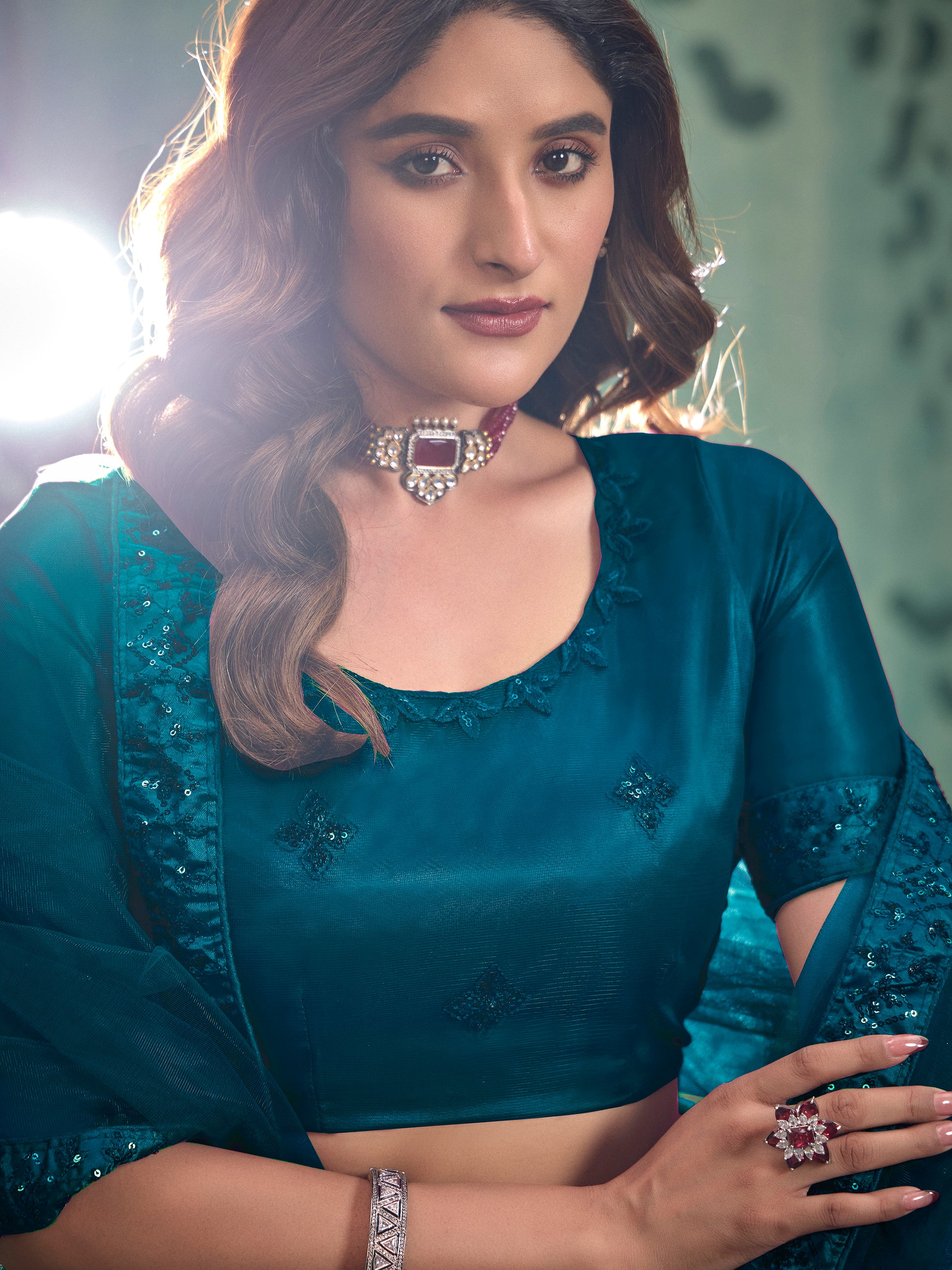 Charming Teal Blue Thread Work Net Wedding Wear Lehenga Choli With Dupatta