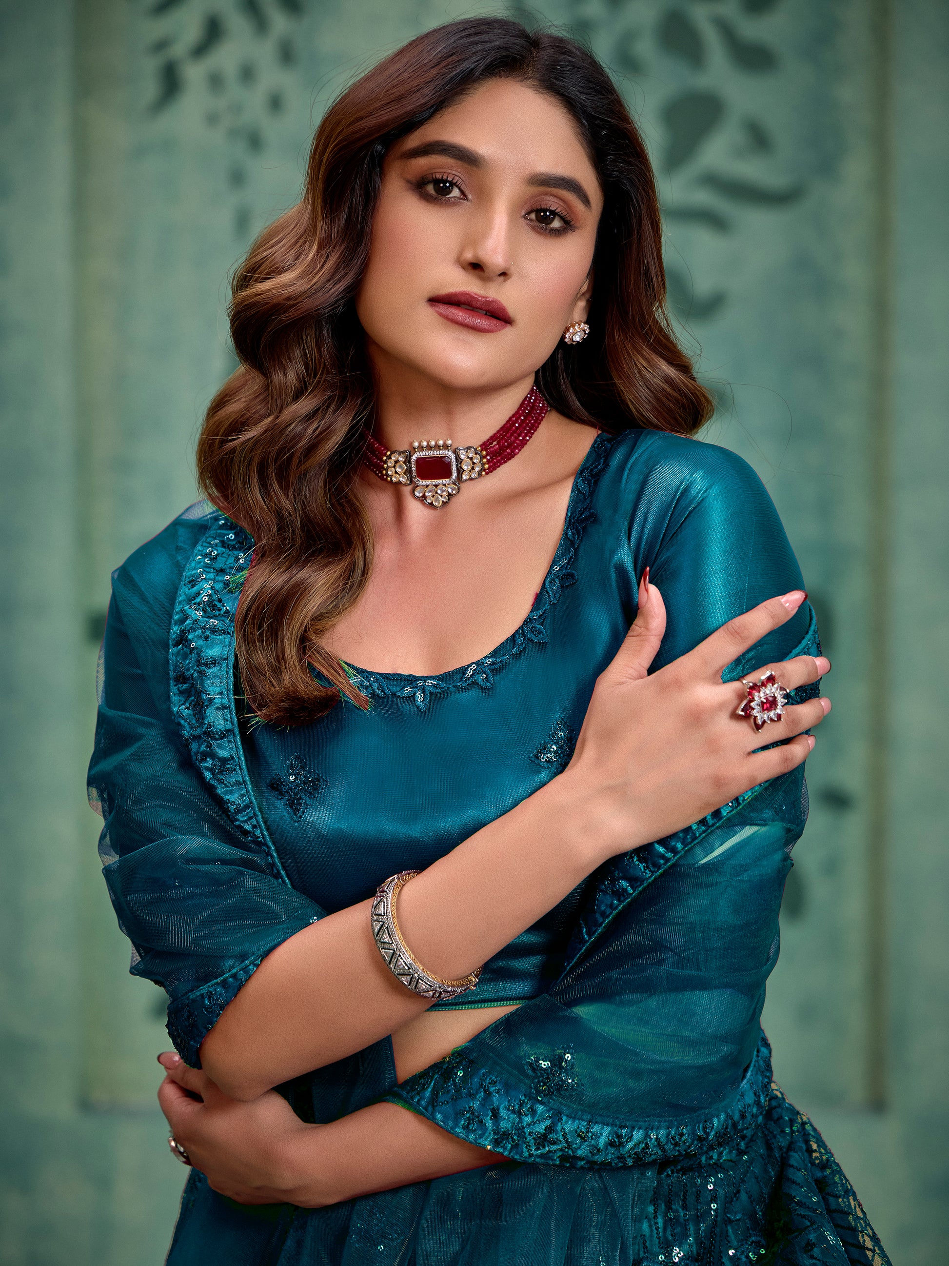Charming Teal Blue Thread Work Net Wedding Wear Lehenga Choli With Dupatta