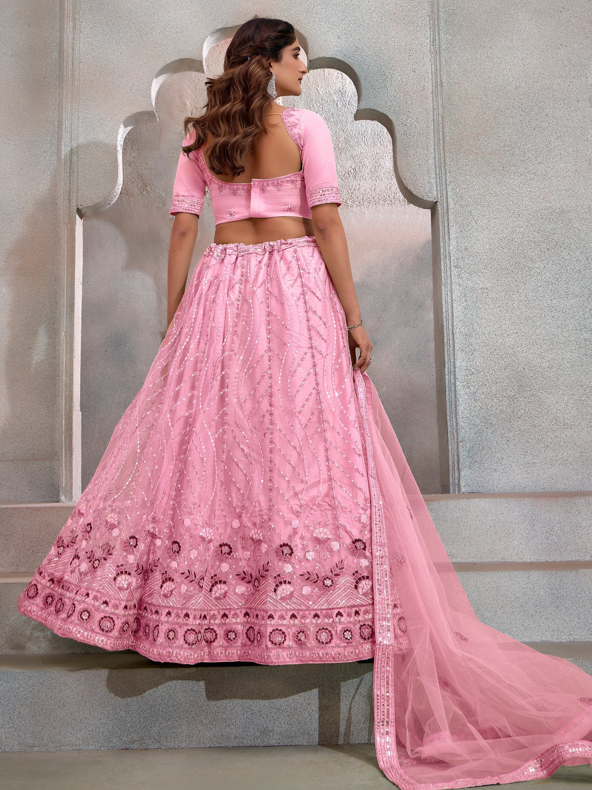 Incredible Pink Sequins Net Engagement Wear Lehenga Choli With Dupatta