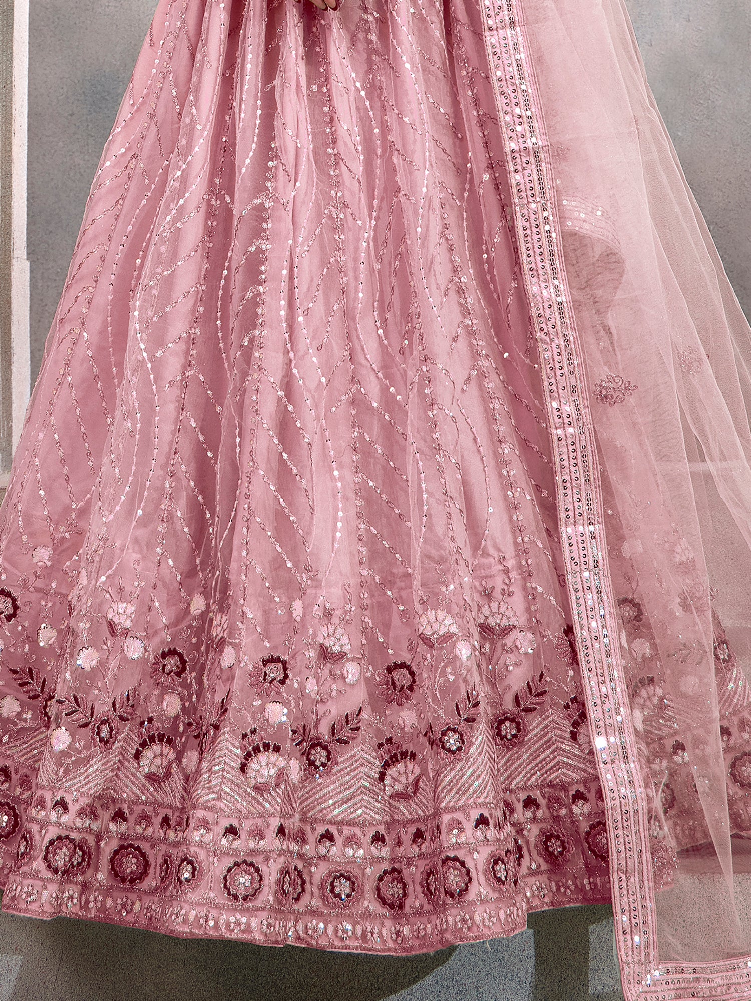 Fantastic Dark Peach Sequins Net Bridesmaid Lehenga Choli With Dupatta