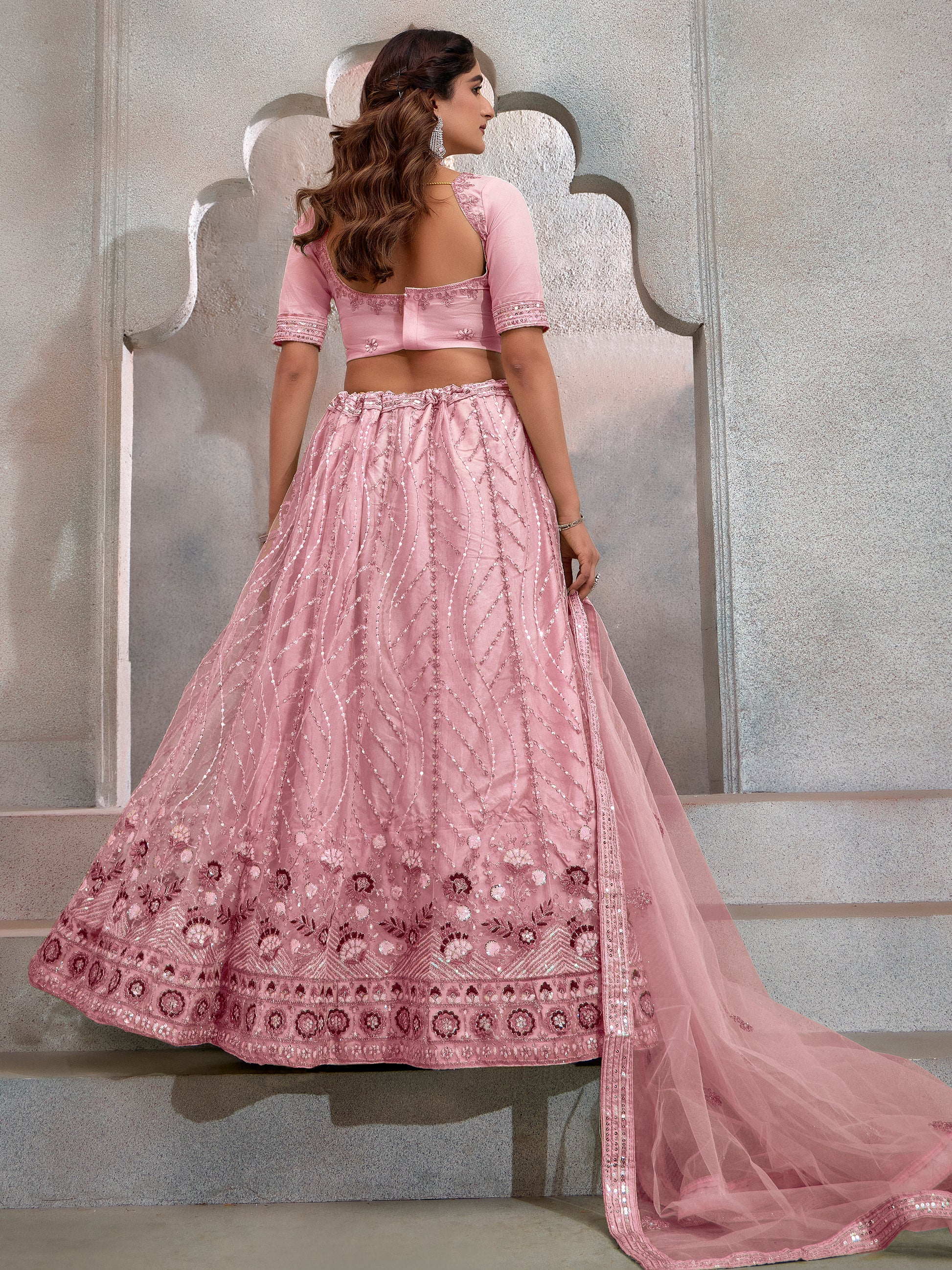 Fantastic Dark Peach Sequins Net Bridesmaid Lehenga Choli With Dupatta