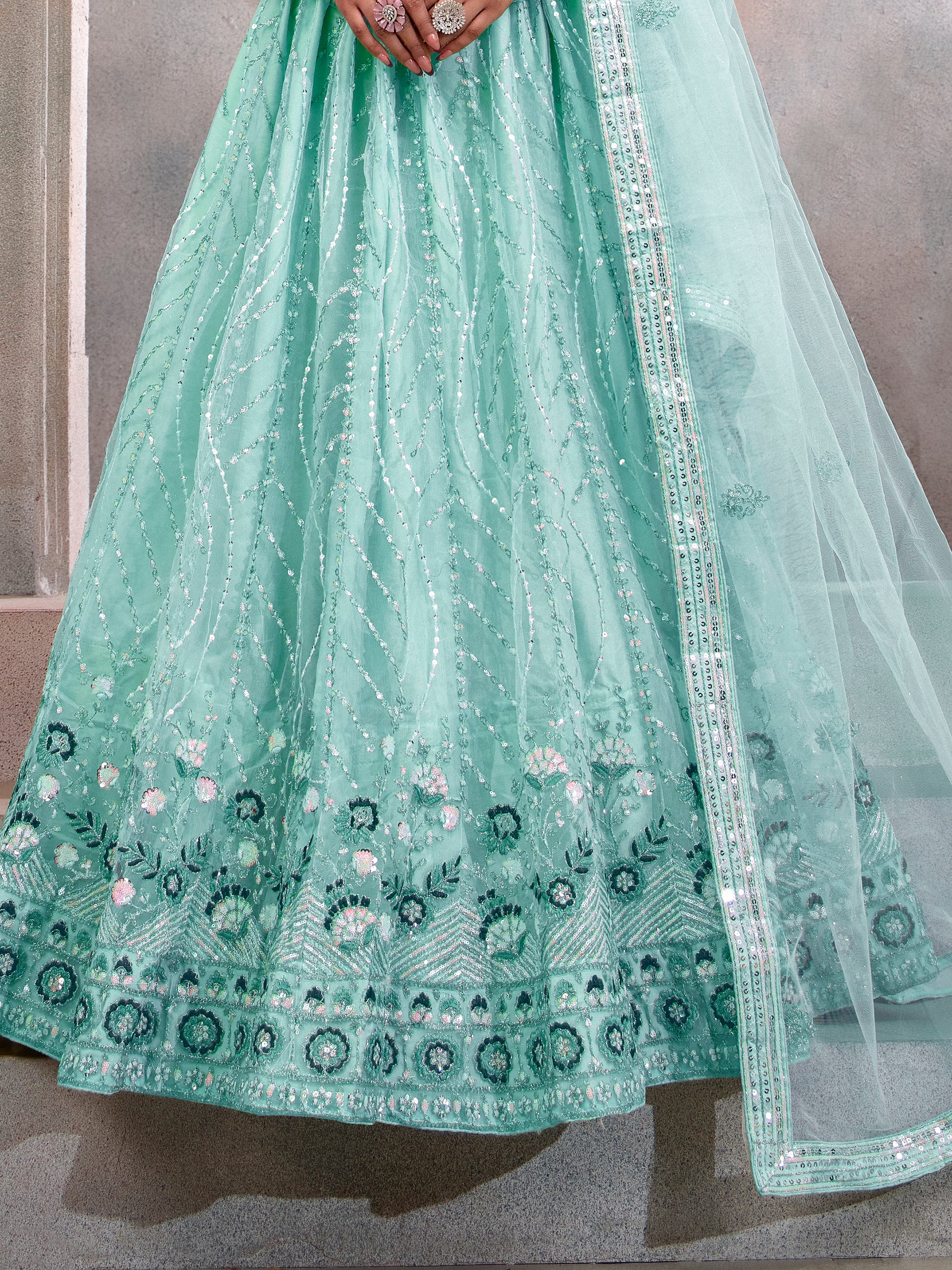 Beautiful Turquoise Sequins Net Designer Lehenga Choli With Dupatta