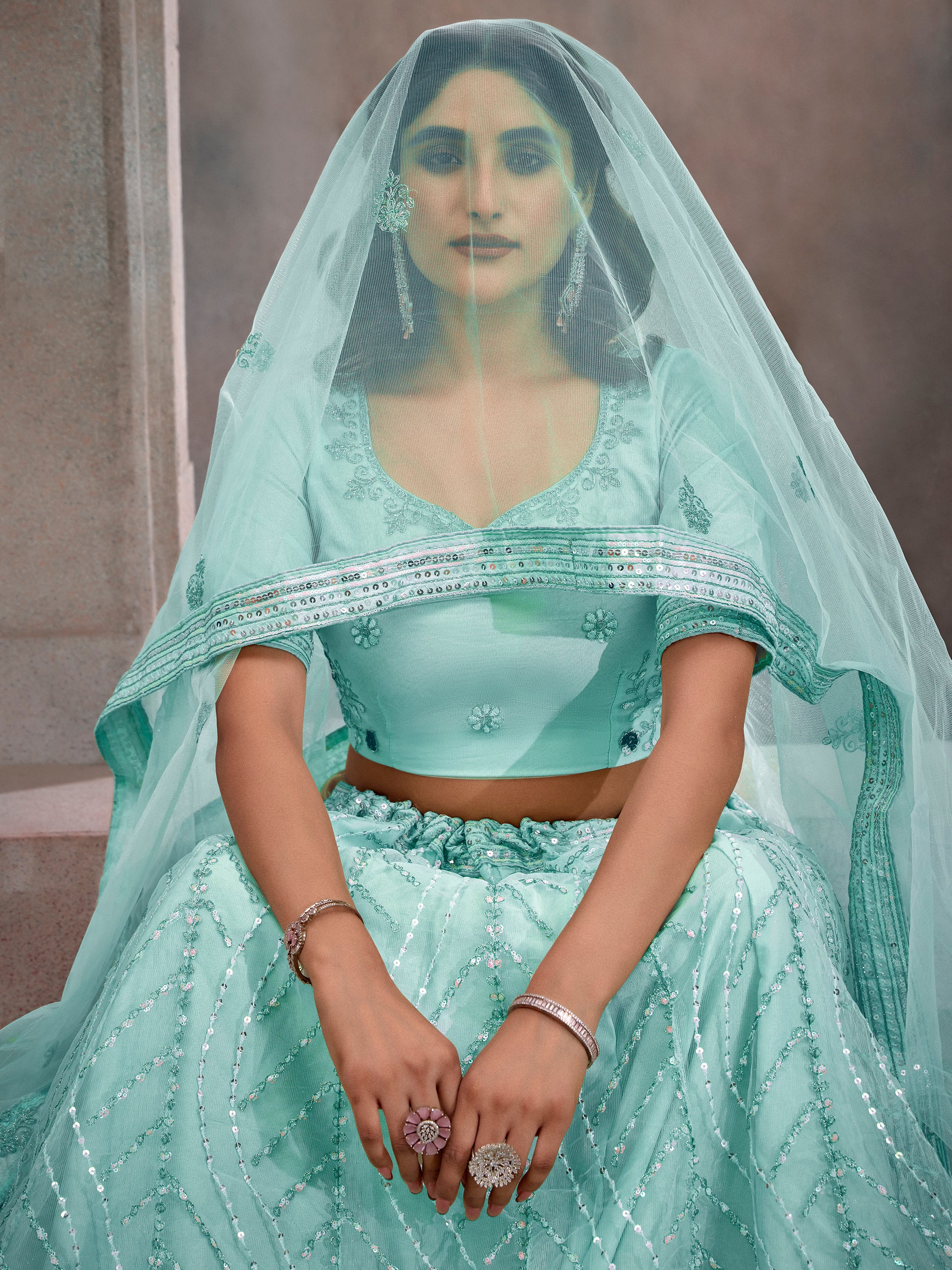 Beautiful Turquoise Sequins Net Designer Lehenga Choli With Dupatta