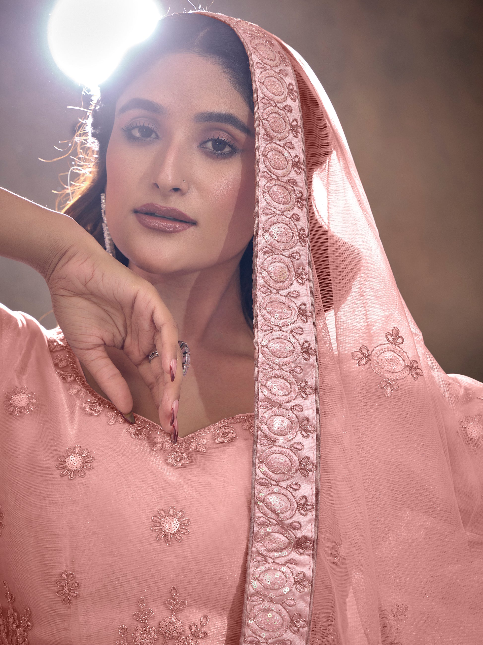 Precious Peach Thread Embroidery Net Party Wear Lehenga Choli