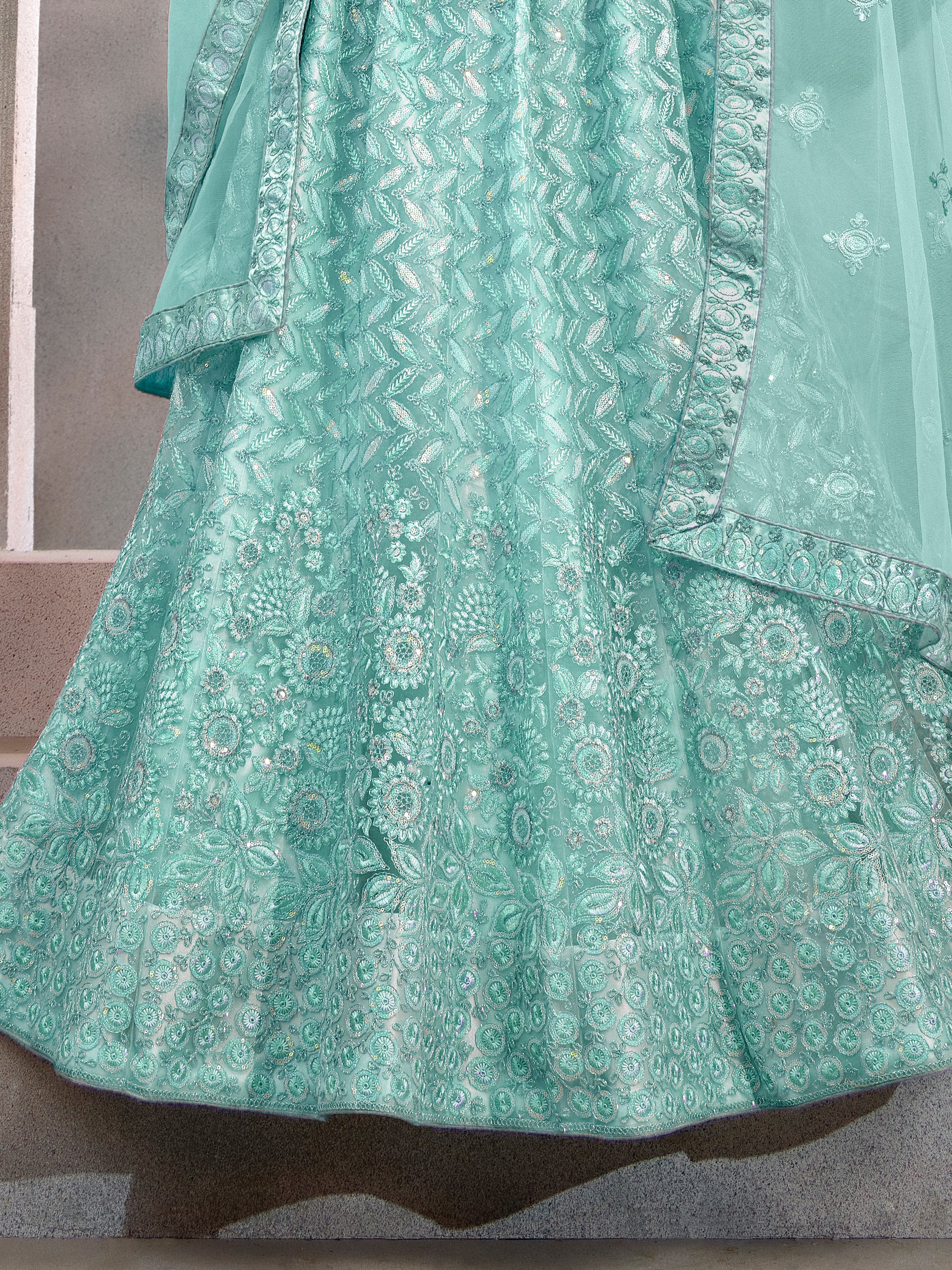Adorable Turquoise Thread Embroidery Net Lehenga Choli With Dupatta