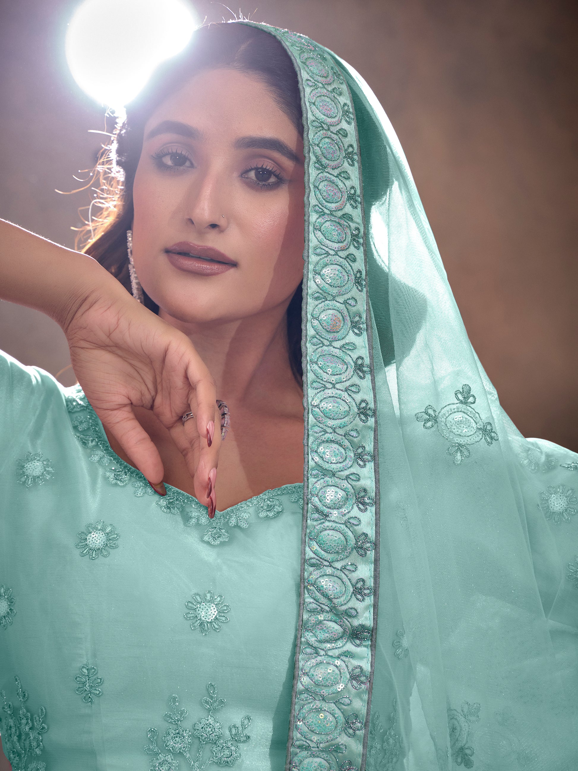 Adorable Turquoise Thread Embroidery Net Lehenga Choli With Dupatta