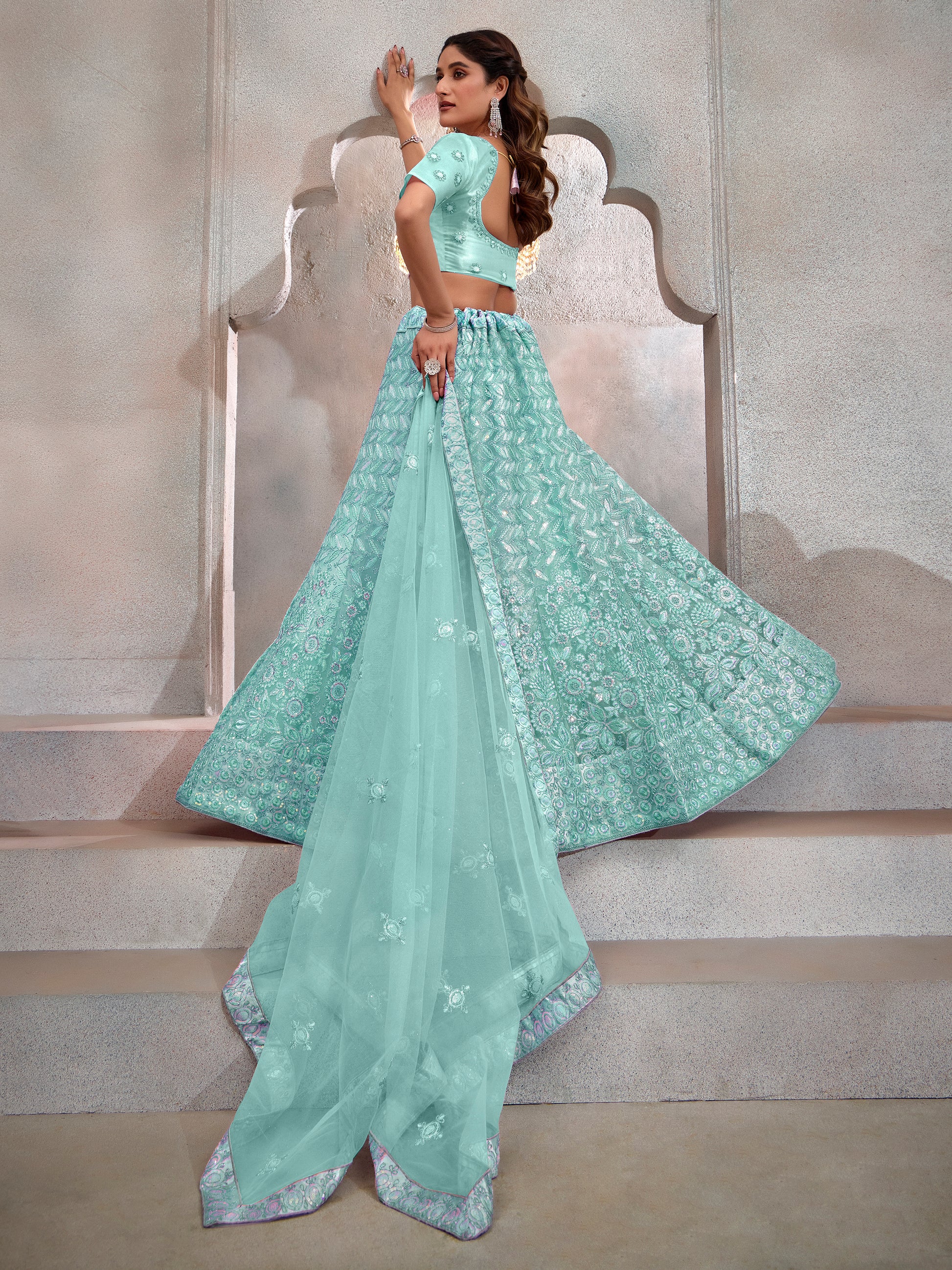 Adorable Turquoise Thread Embroidery Net Lehenga Choli With Dupatta