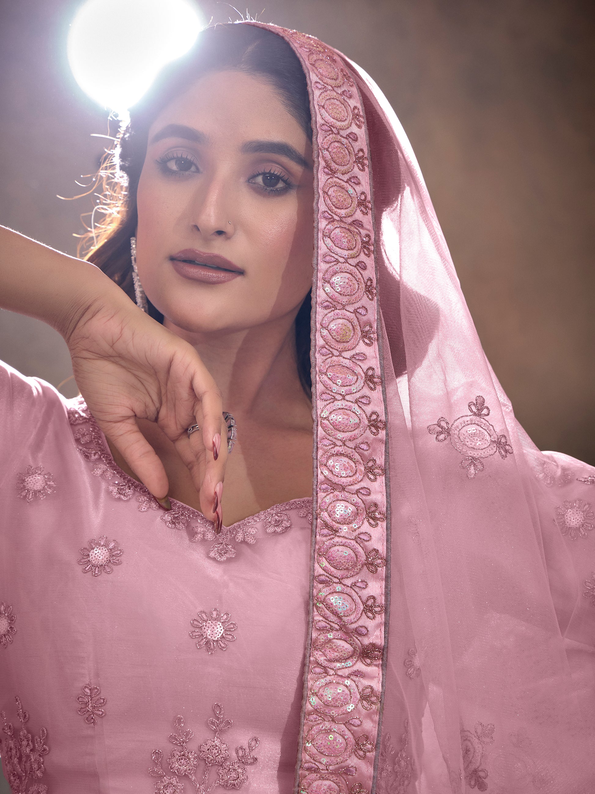 Gorgeous Pink Thread Embroidery Net Wedding Lehenga Choli With Dupatta