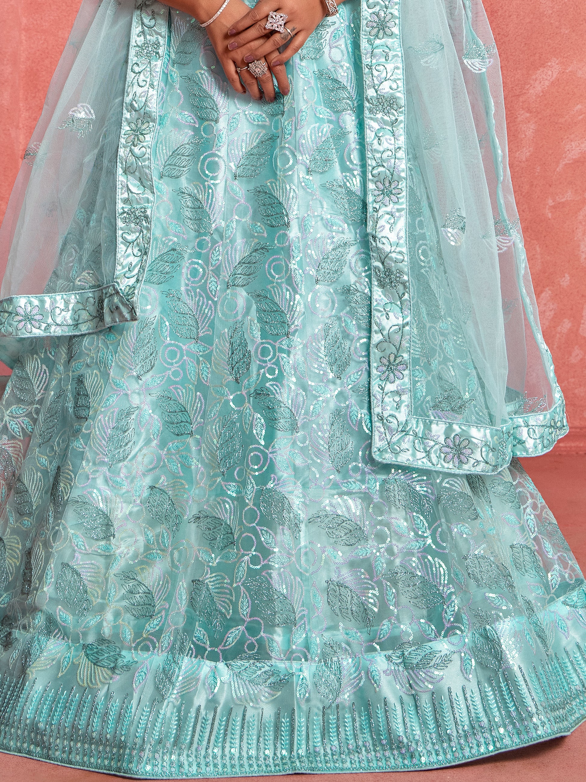 Fantastic Sky-Blue Sequins Net Bridal Wear Lehenga Choli With Dupatta
