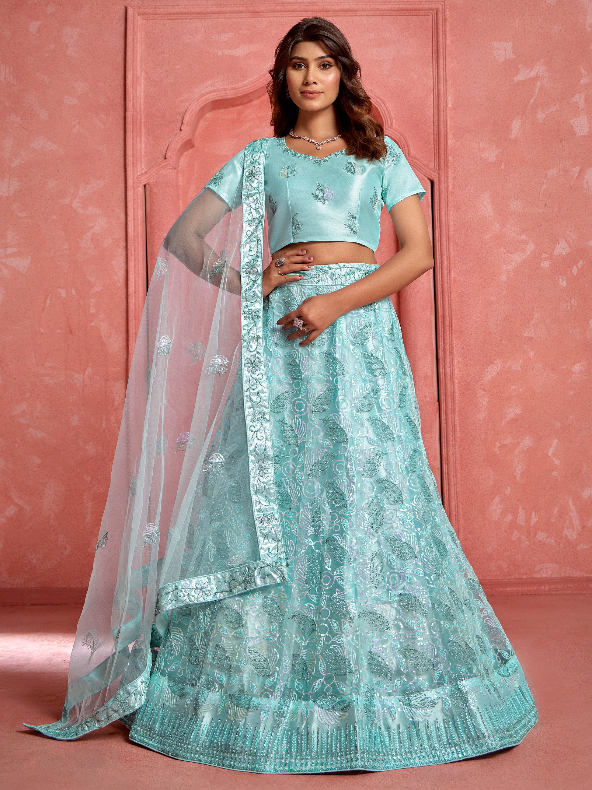 Fantastic Sky-Blue Sequins Net Bridal Wear Lehenga Choli With Dupatta