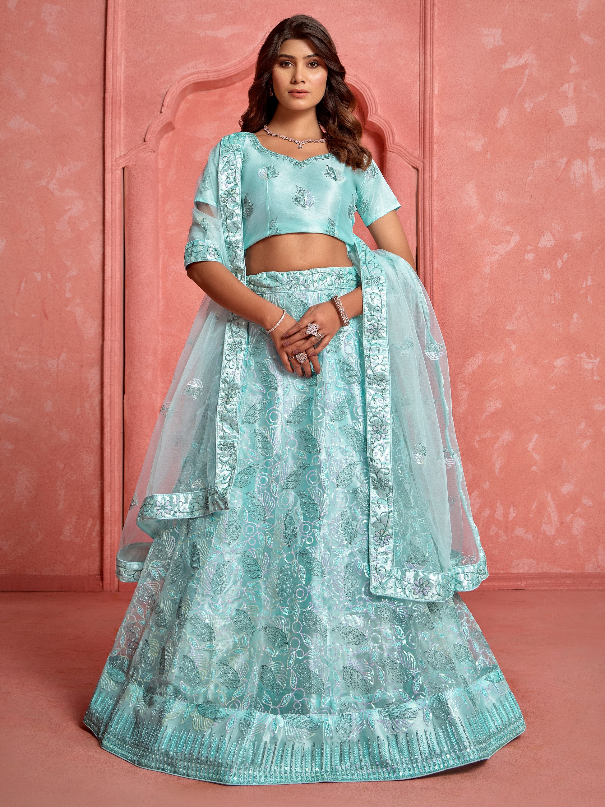 Fantastic Sky-Blue Sequins Net Bridal Wear Lehenga Choli With Dupatta