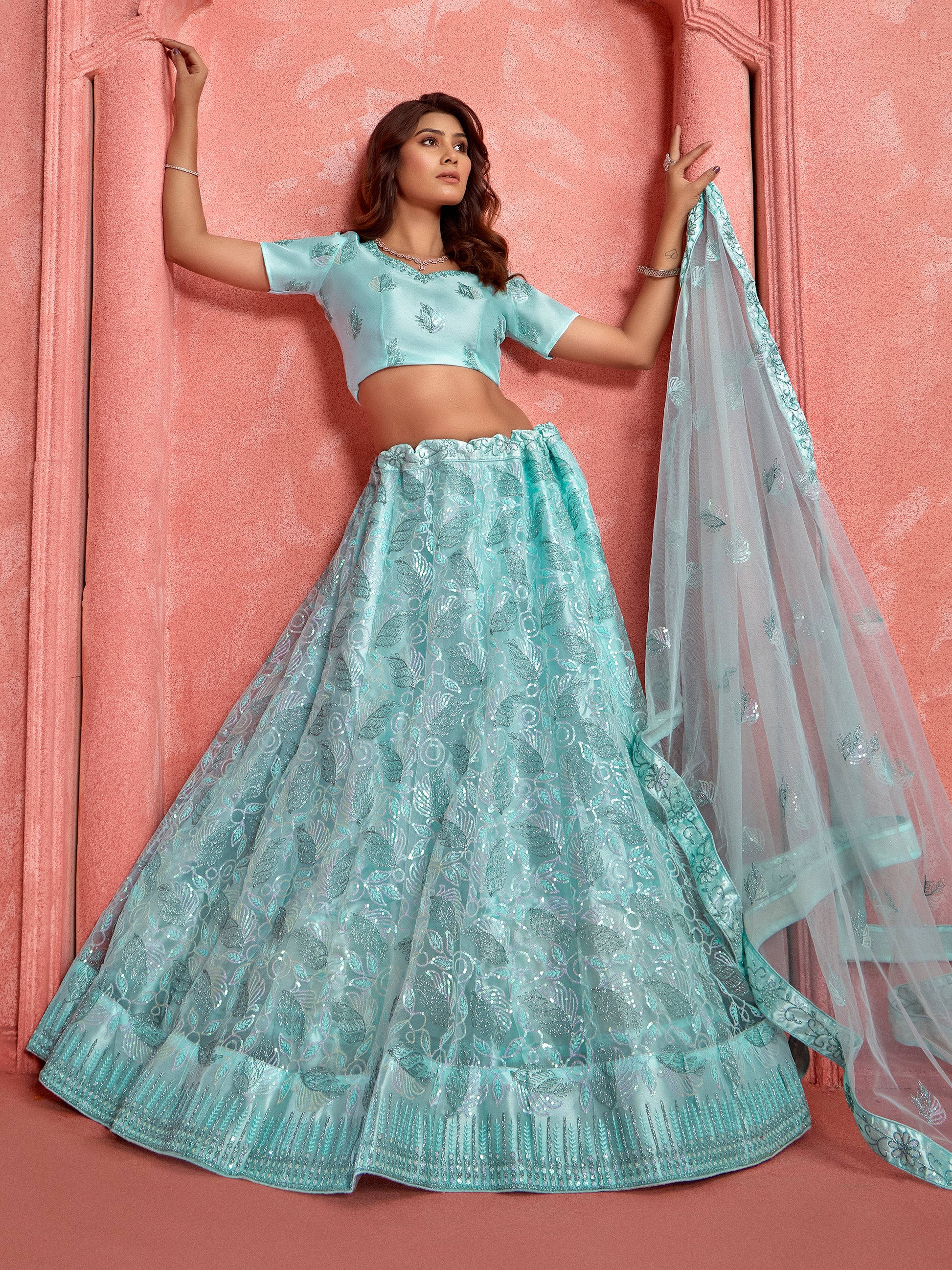 Fantastic Sky-Blue Sequins Net Bridal Wear Lehenga Choli With Dupatta