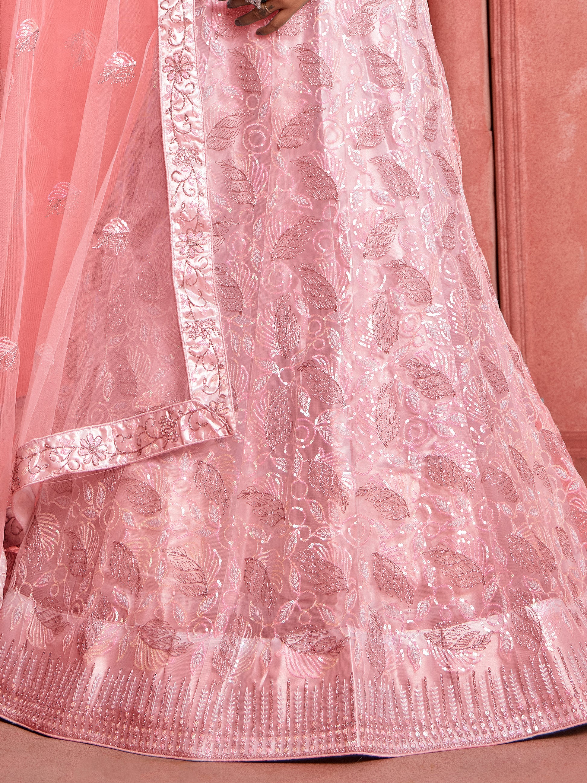 Wonderful Peach Sequins Net Bridesmaid Lehenga Choli With Dupatta