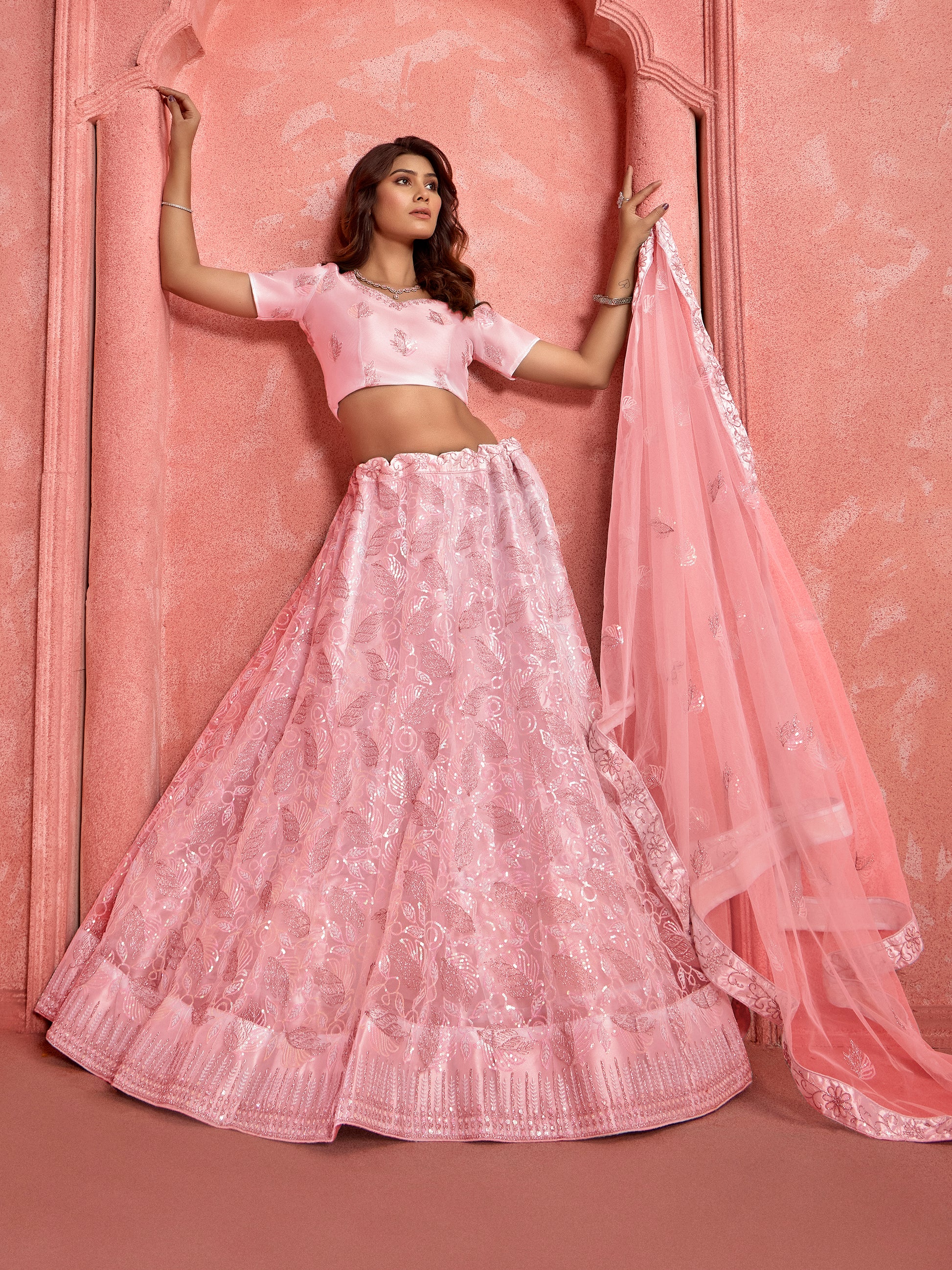 Wonderful Peach Sequins Net Bridesmaid Lehenga Choli With Dupatta