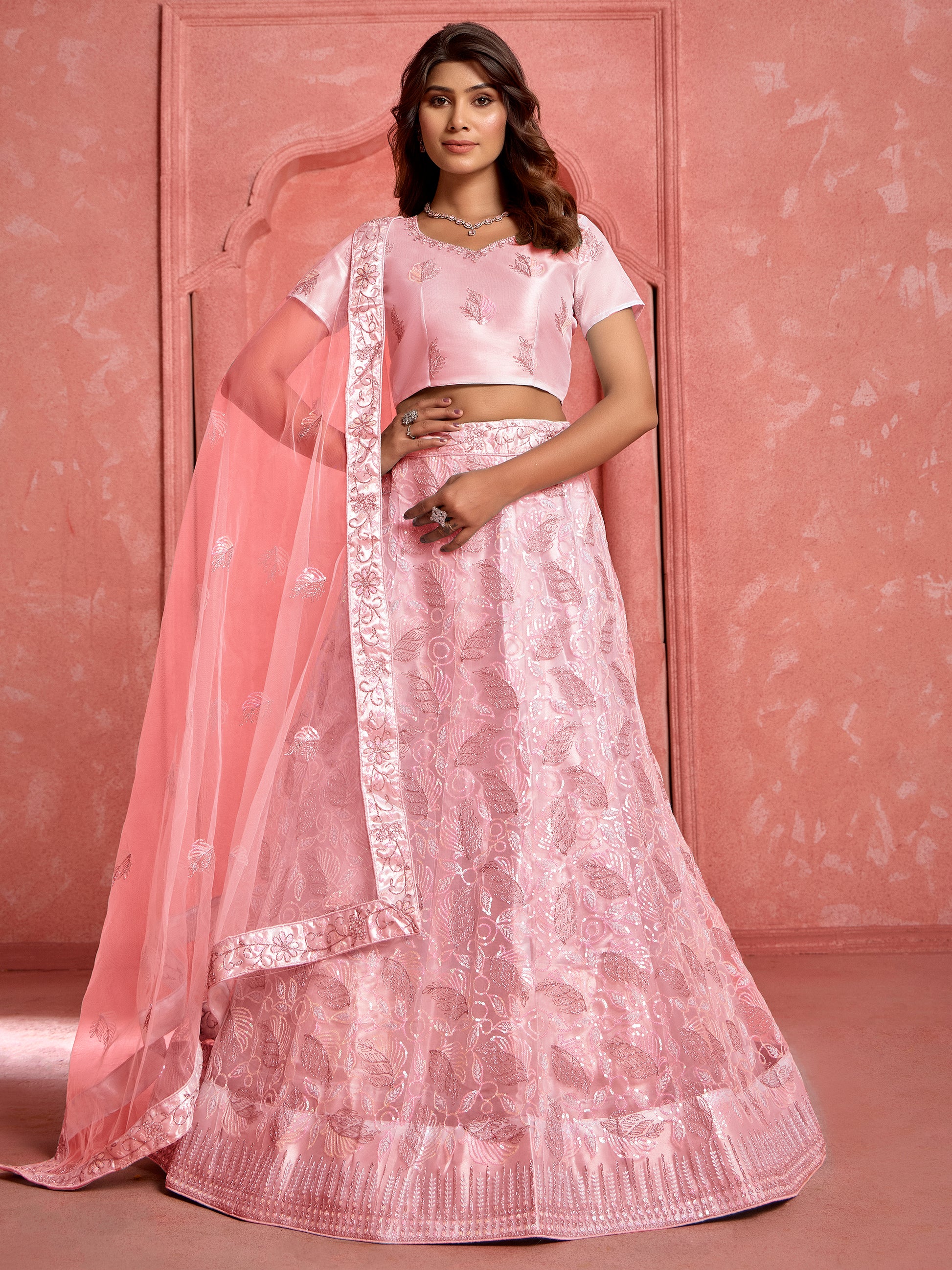 Wonderful Peach Sequins Net Bridesmaid Lehenga Choli With Dupatta