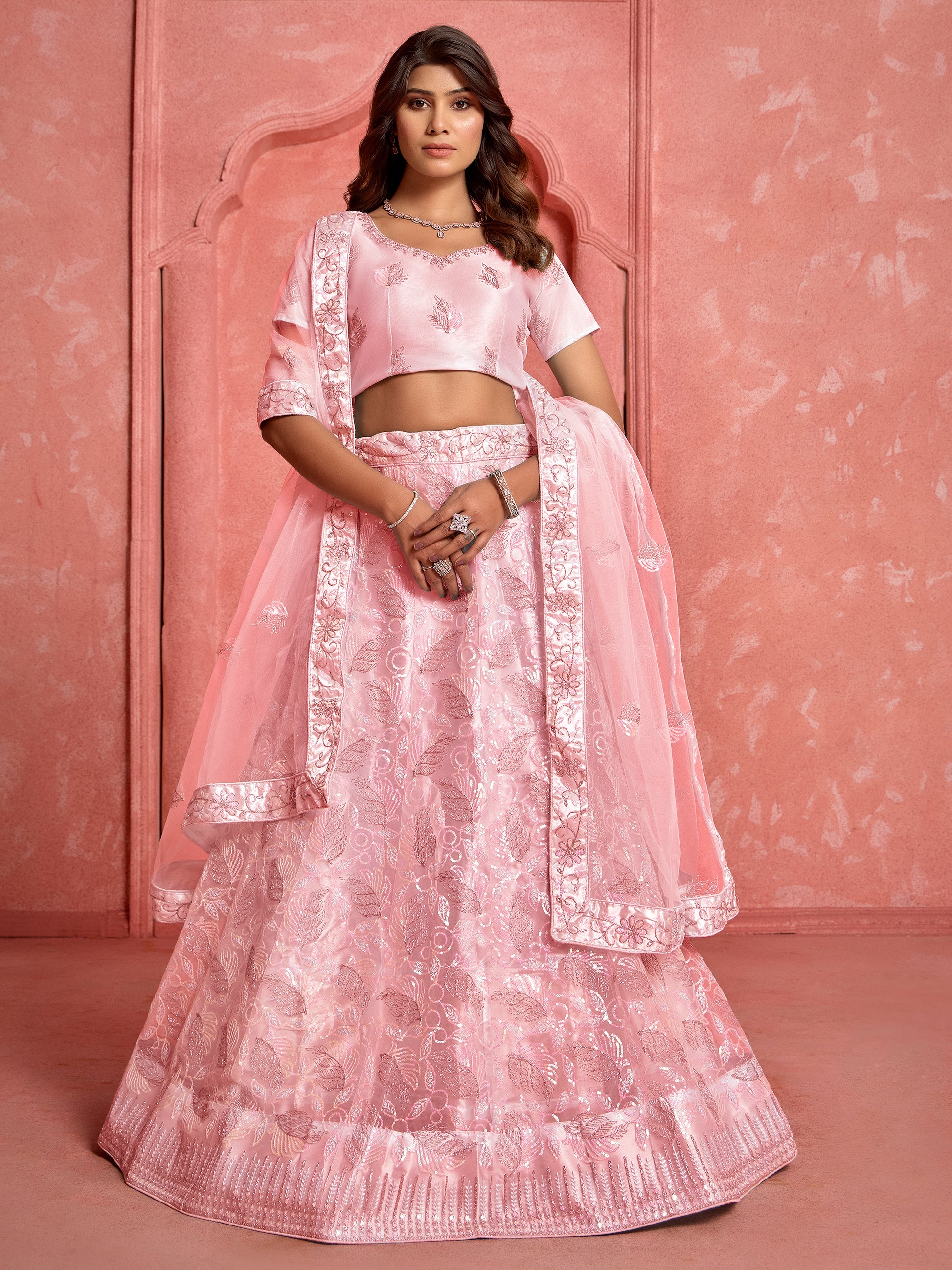 Wonderful Peach Sequins Net Bridesmaid Lehenga Choli With Dupatta