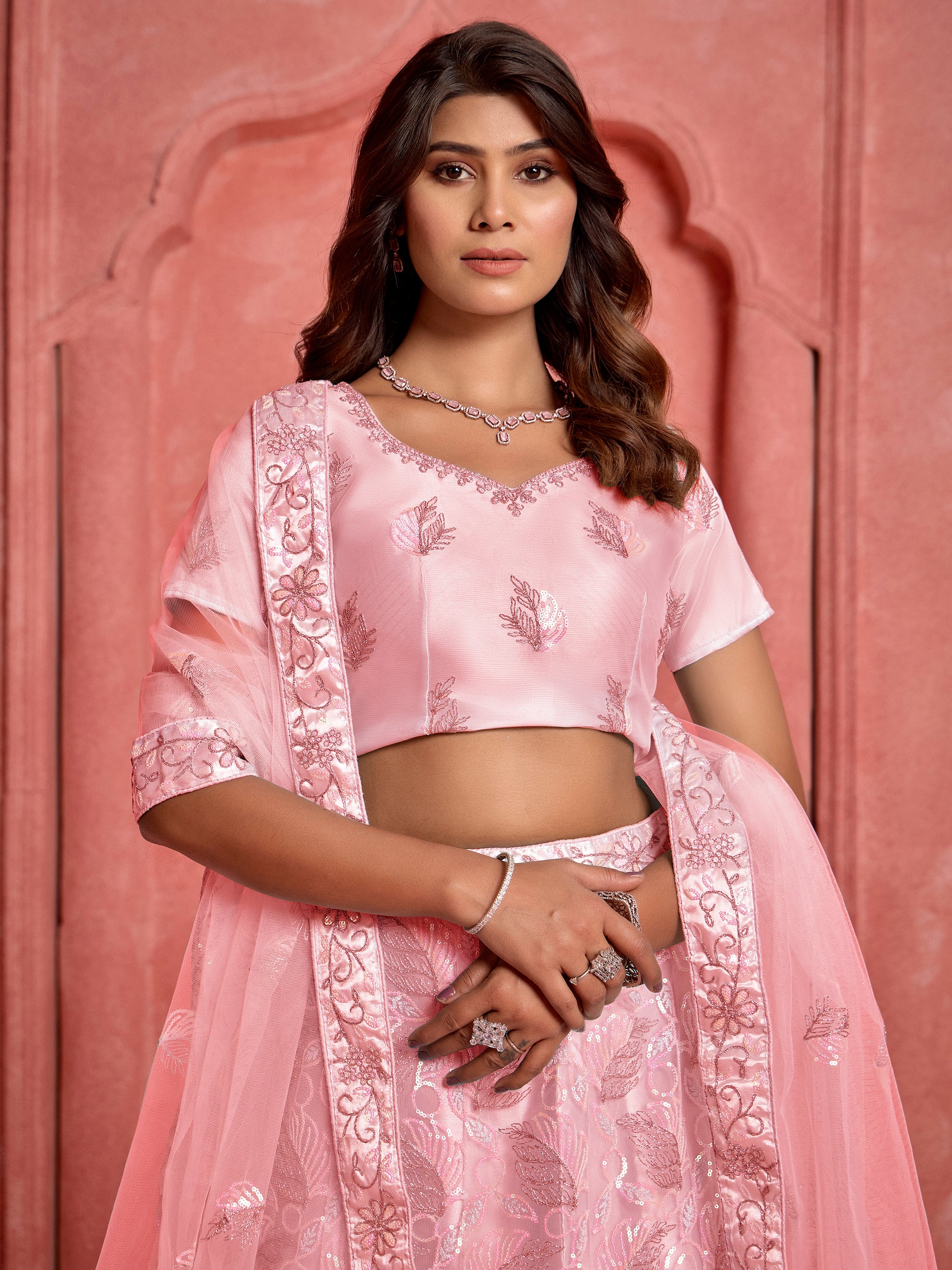 Wonderful Peach Sequins Net Bridesmaid Lehenga Choli With Dupatta