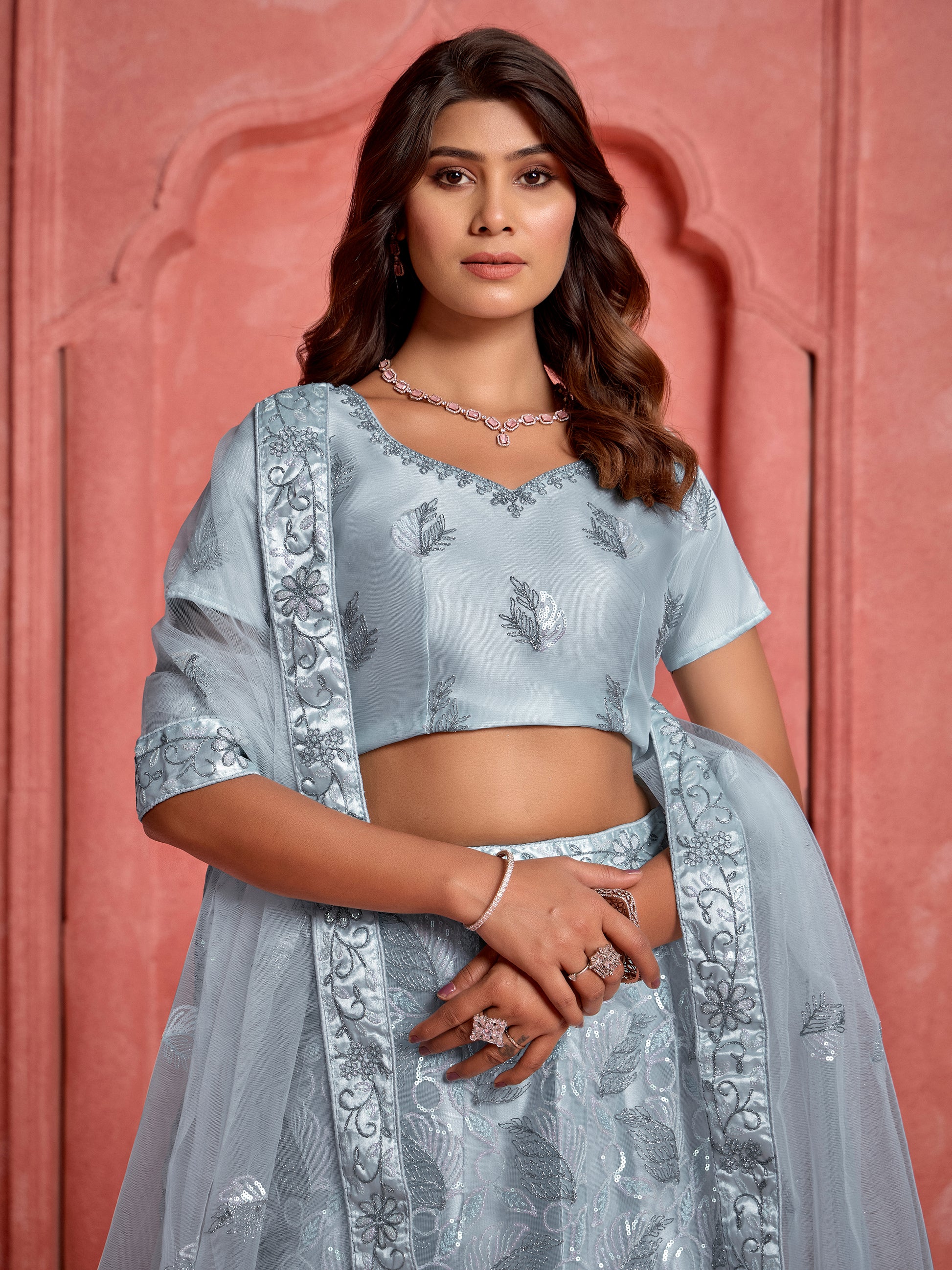 Sweet Grey Sequins Net Party Wear Lehenga Choli With Dupatta