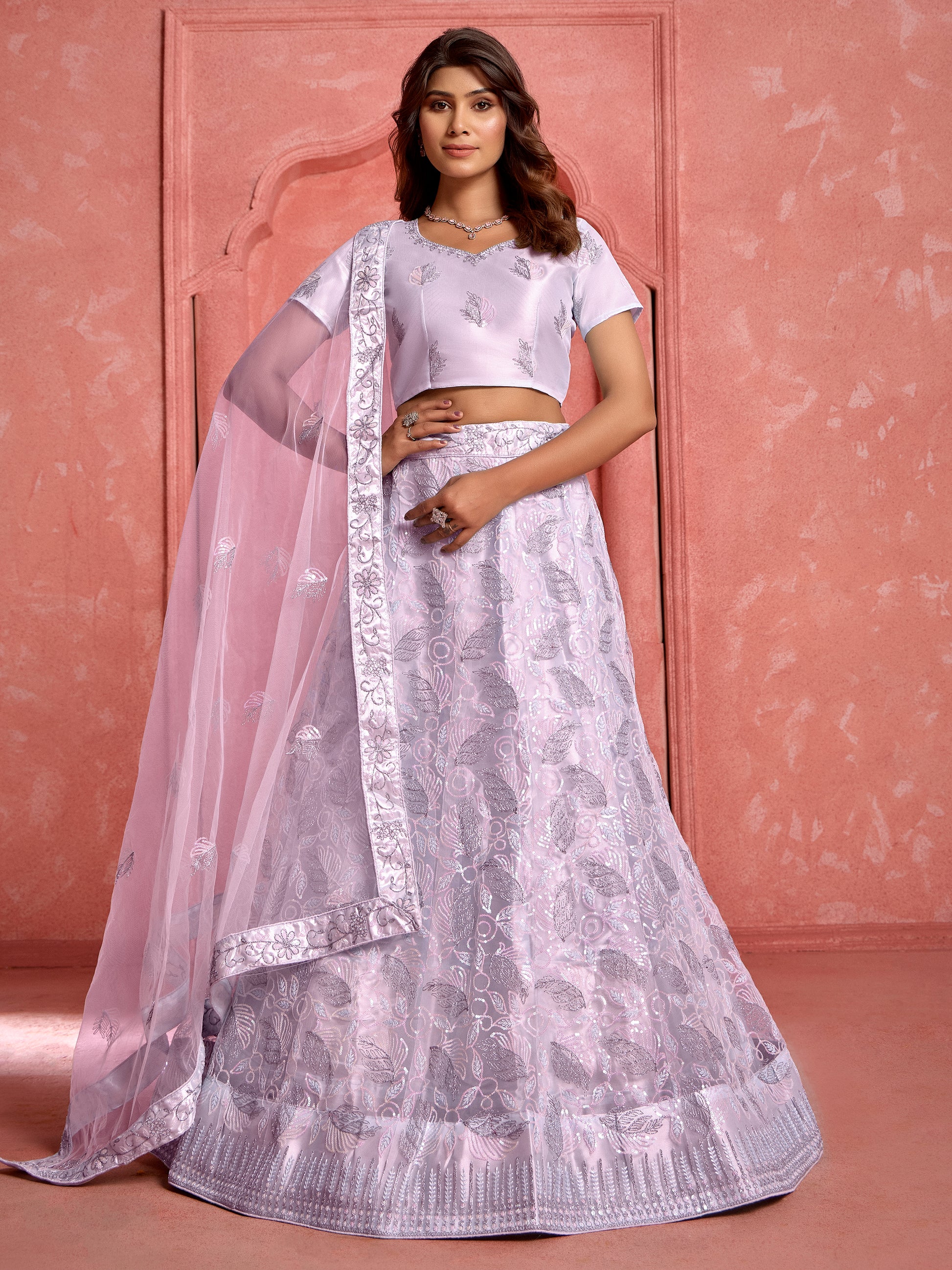 Astonishing Lavender Sequins Net Reception Wear Lehenga Choli With Dupatta