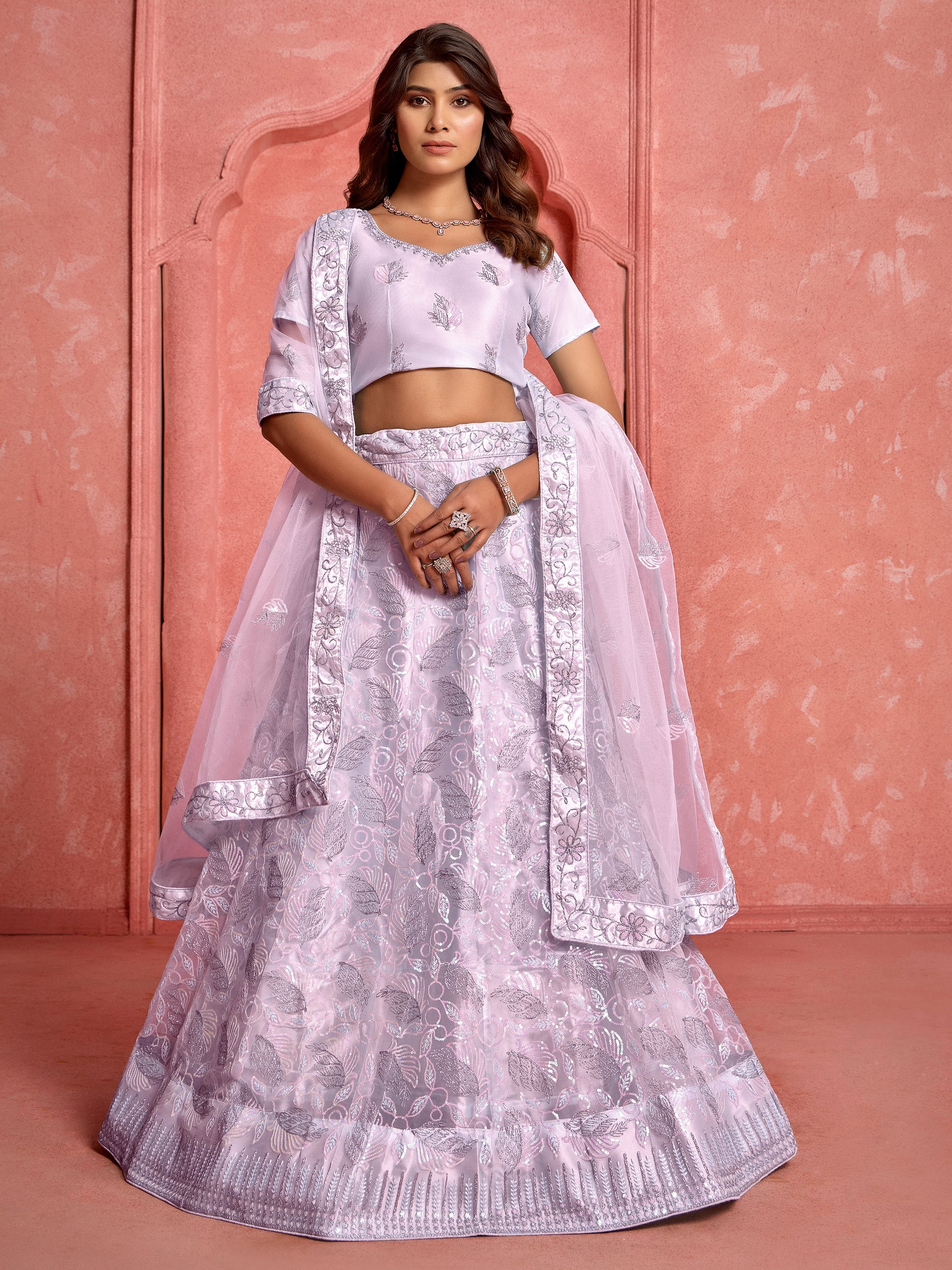 Astonishing Lavender Sequins Net Reception Wear Lehenga Choli With Dupatta