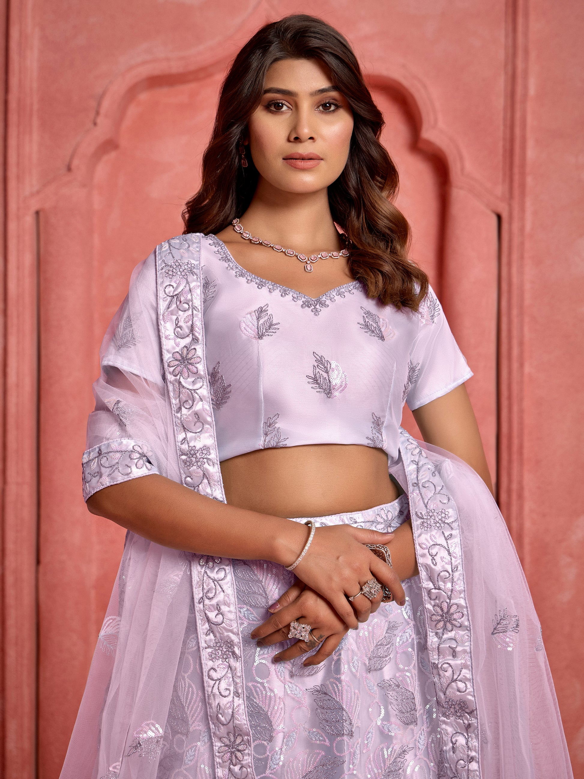 Astonishing Lavender Sequins Net Reception Wear Lehenga Choli With Dupatta