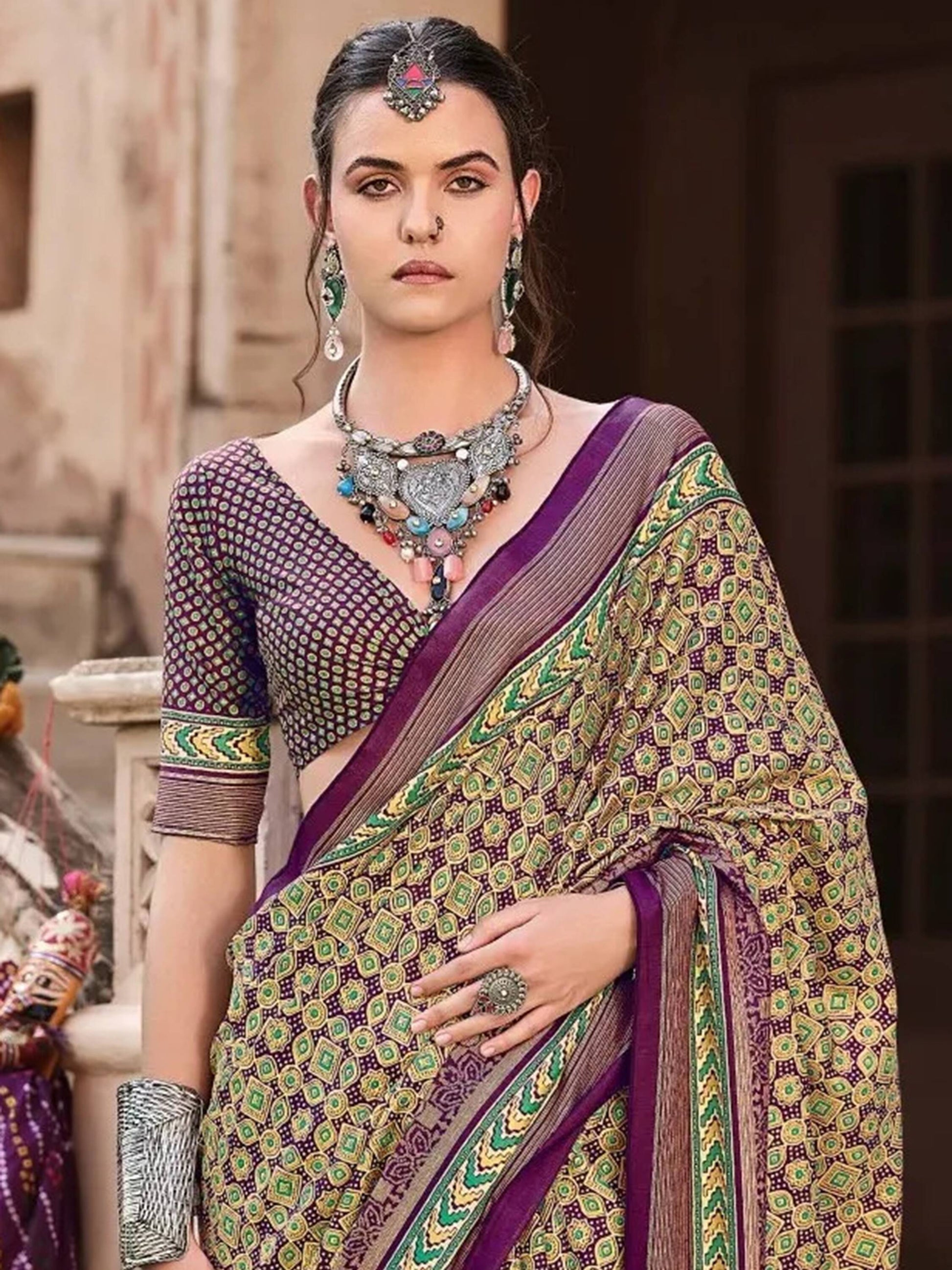 Lovely Purple Digital Printed Silk Casual Wear Saree With Blouse