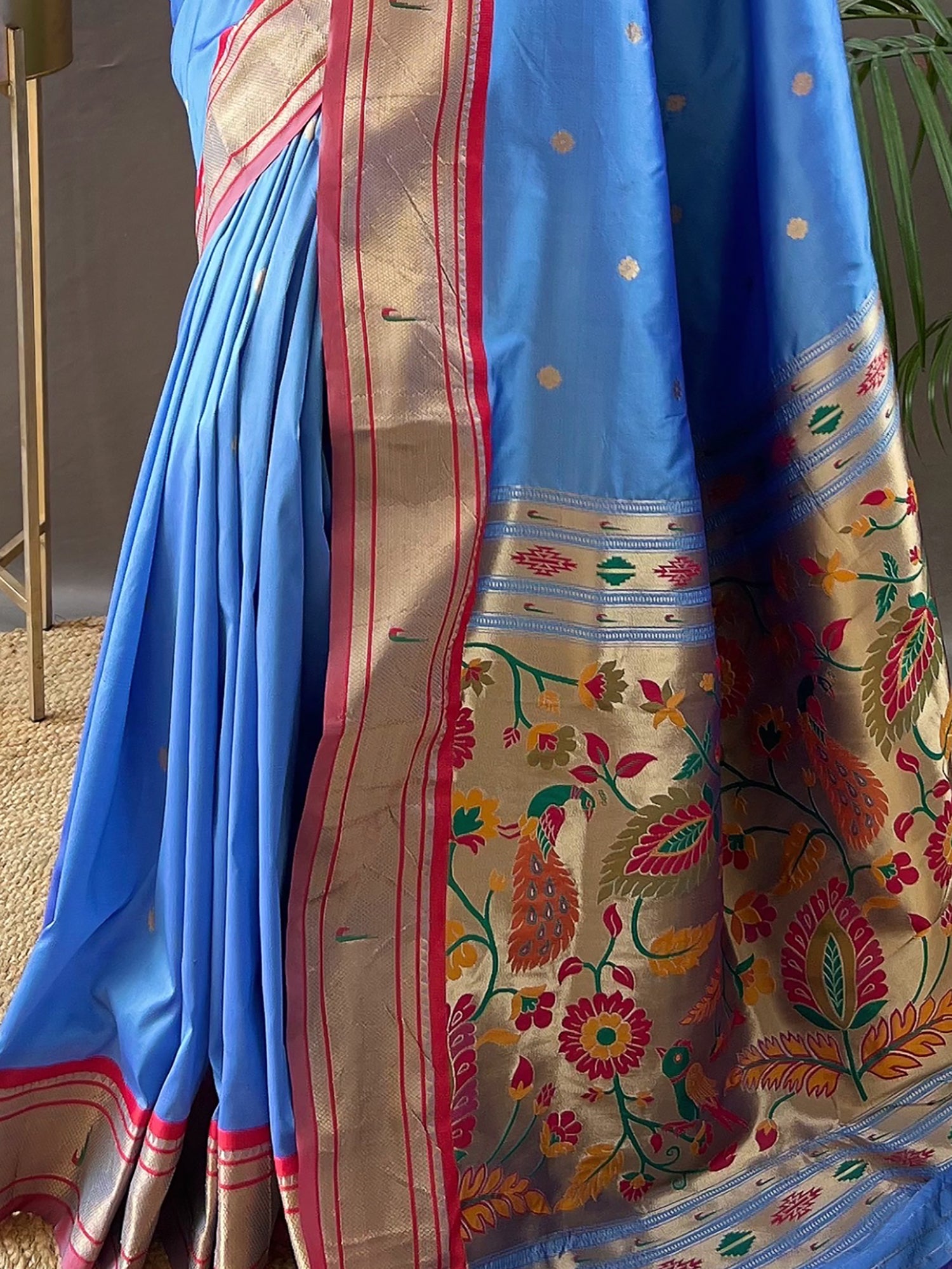 Beautiful Sky-Blue Zari Weaving Silk Events Wear Saree With Blouse