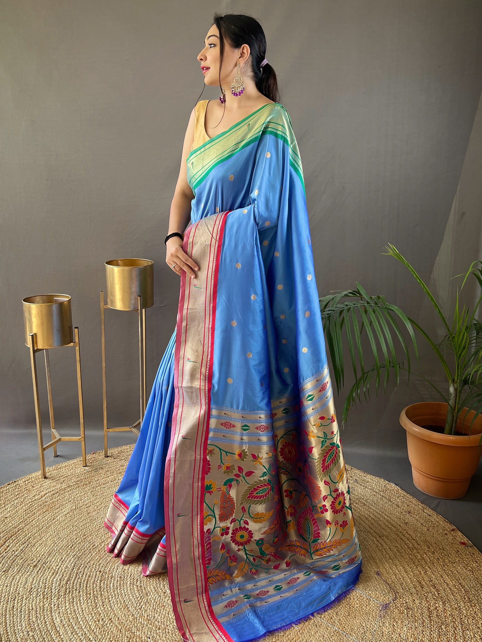 Beautiful Sky-Blue Zari Weaving Silk Events Wear Saree With Blouse