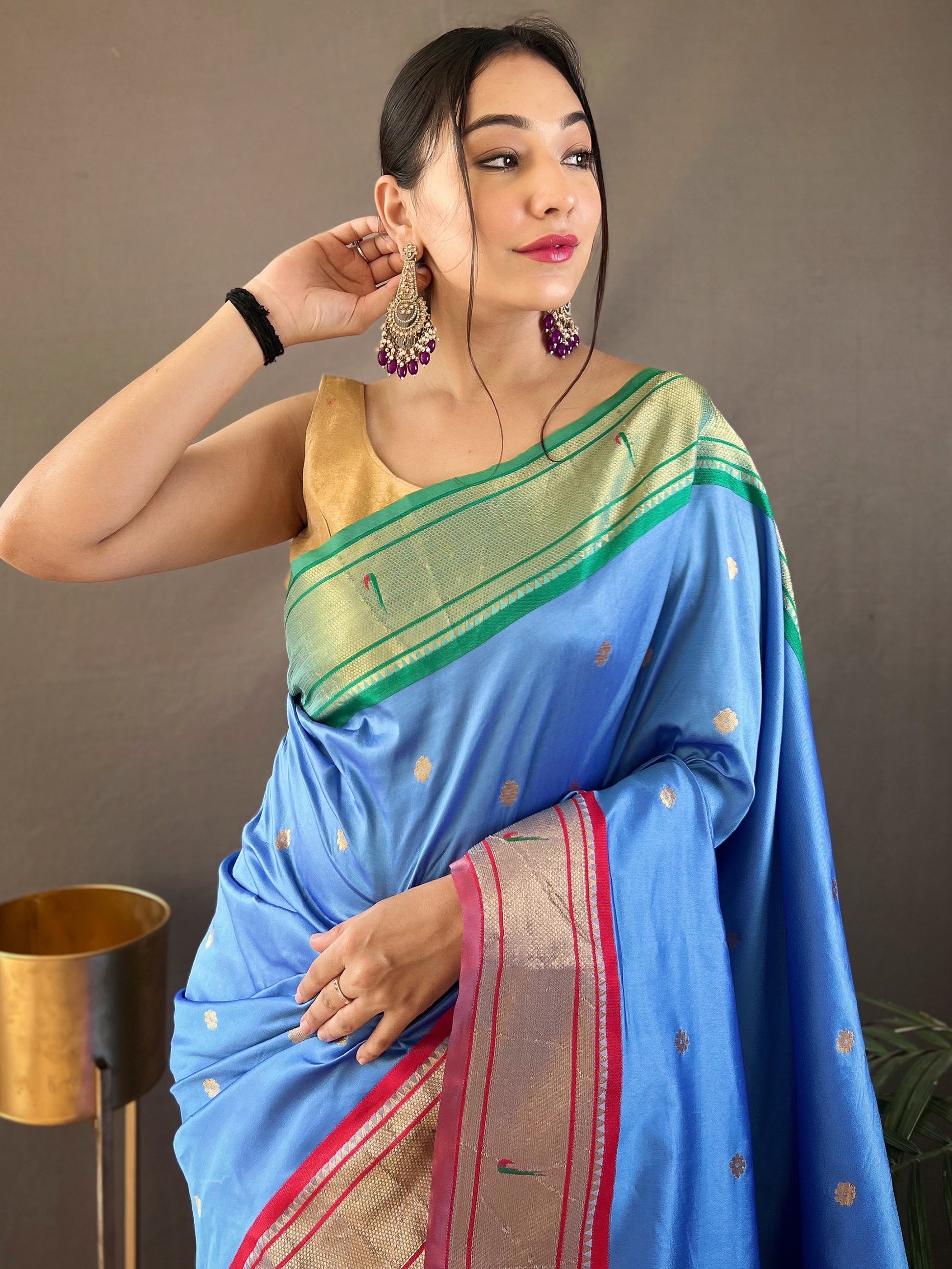Beautiful Sky-Blue Zari Weaving Silk Events Wear Saree With Blouse