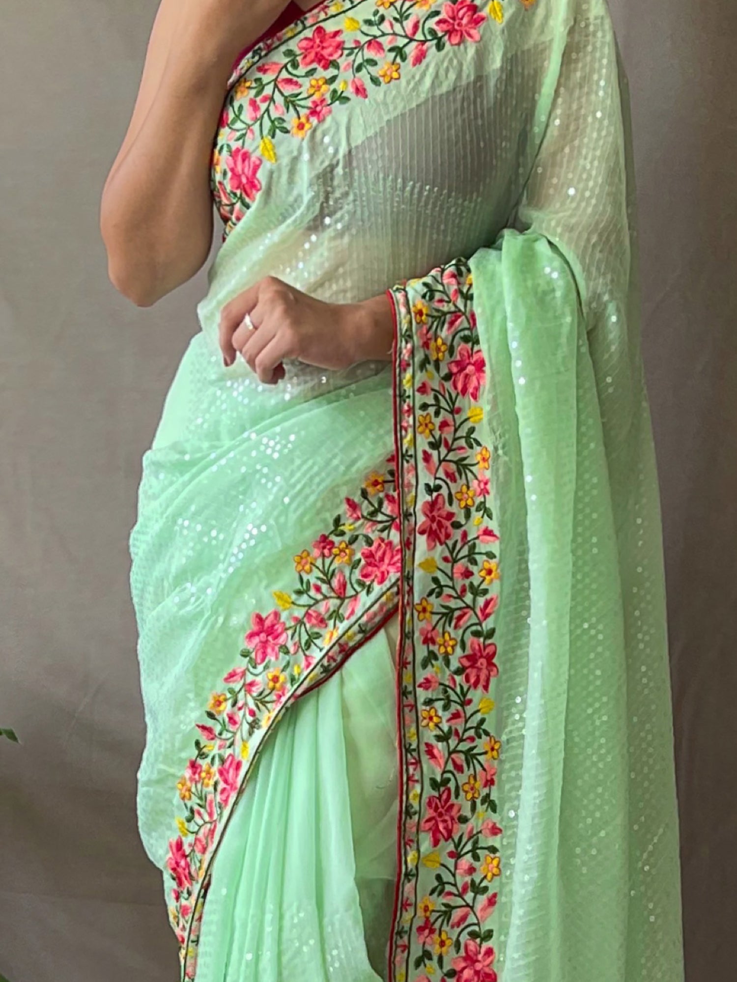 Incredible Pista Green Sequins Georgette Party Wear Saree With Blouse