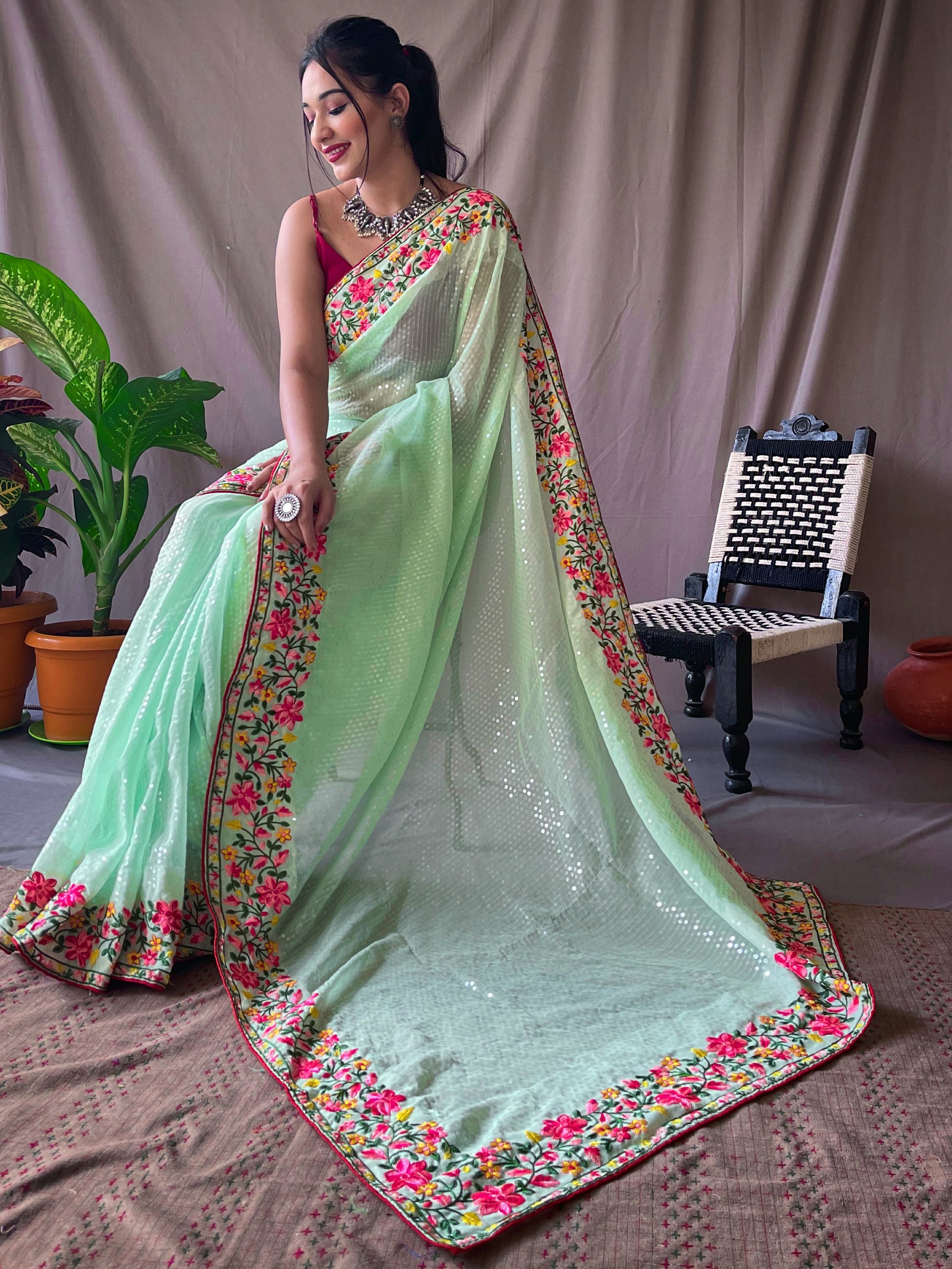 Incredible Pista Green Sequins Georgette Party Wear Saree With Blouse