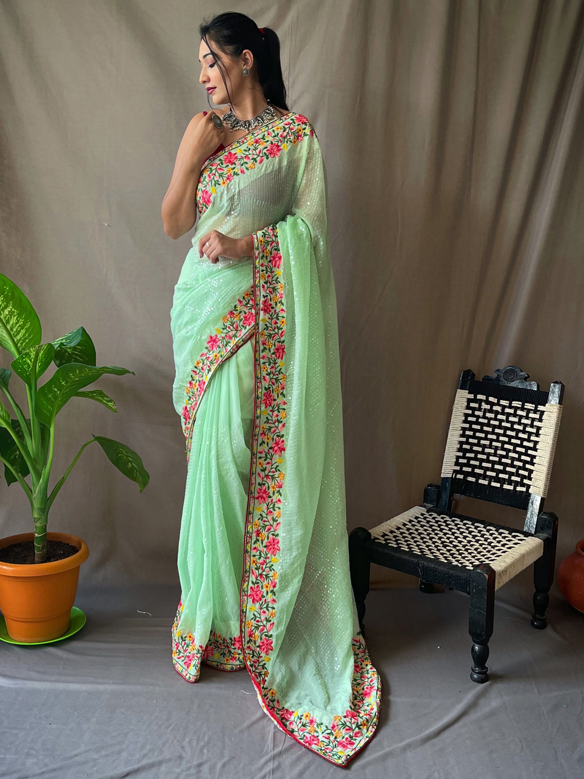 Incredible Pista Green Sequins Georgette Party Wear Saree With Blouse