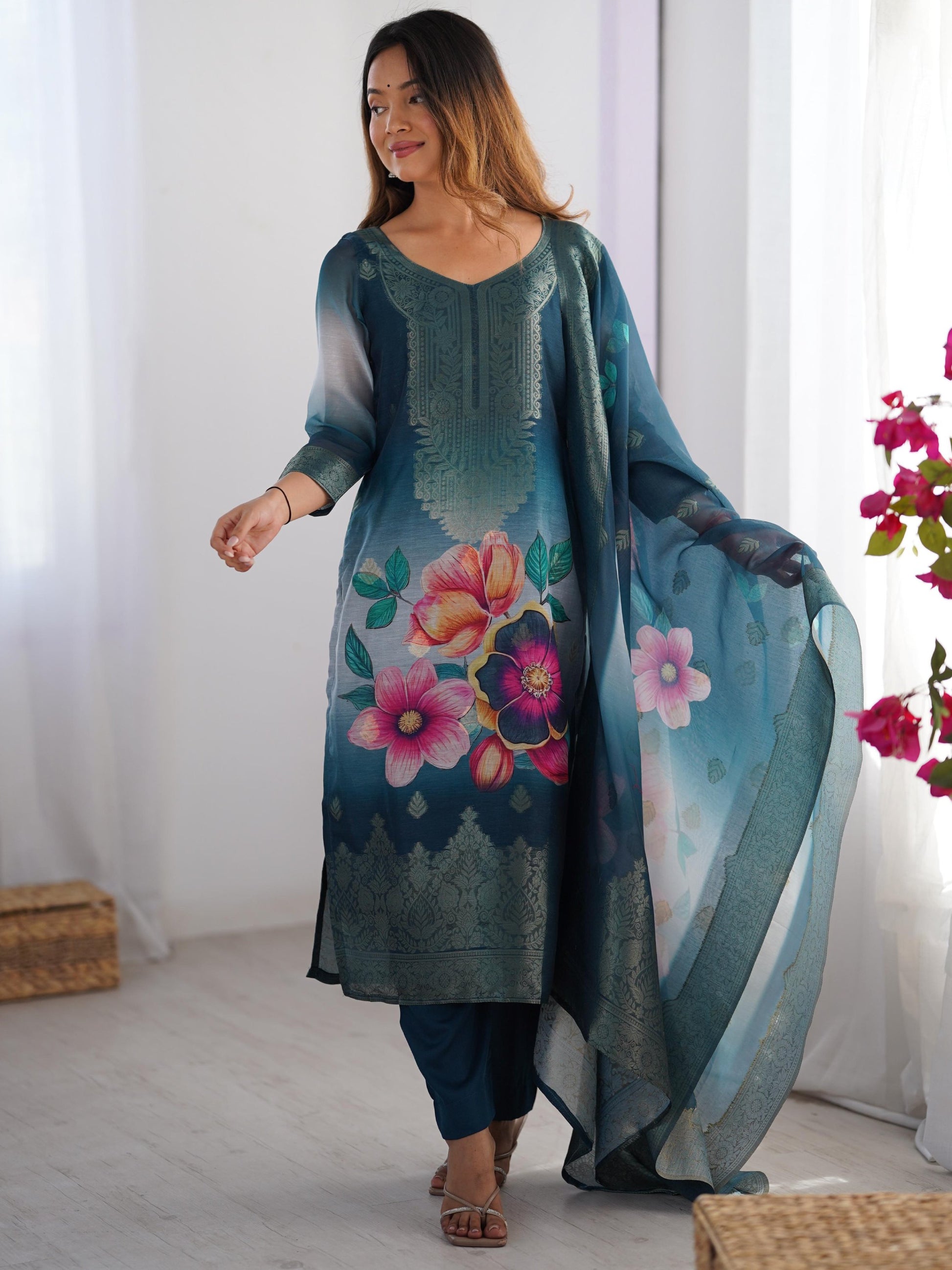 Fabulously Teal Blue Jacquard Work Chanderi Silk Traditional Pant Suit