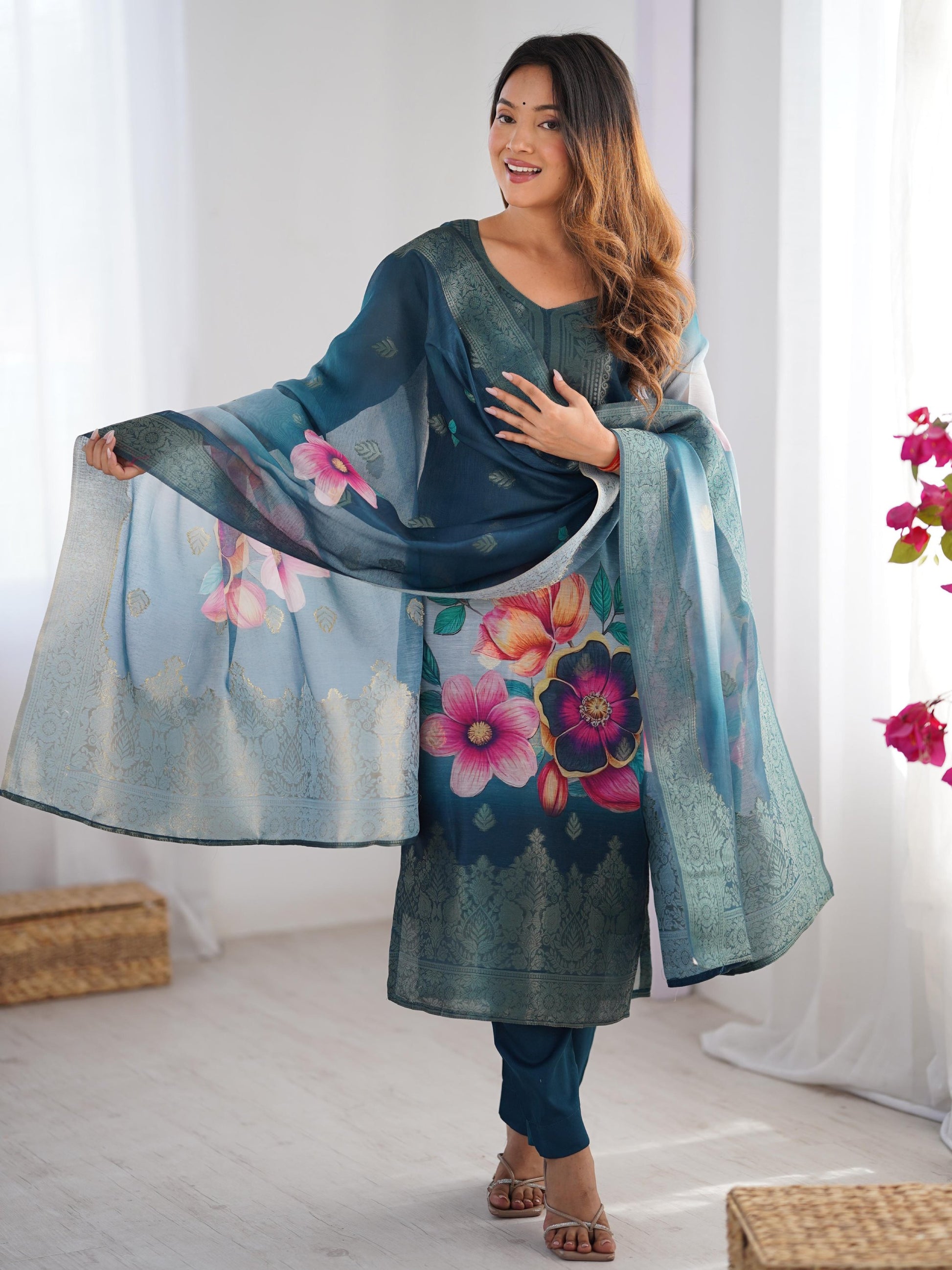 Fabulously Teal Blue Jacquard Work Chanderi Silk Traditional Pant Suit