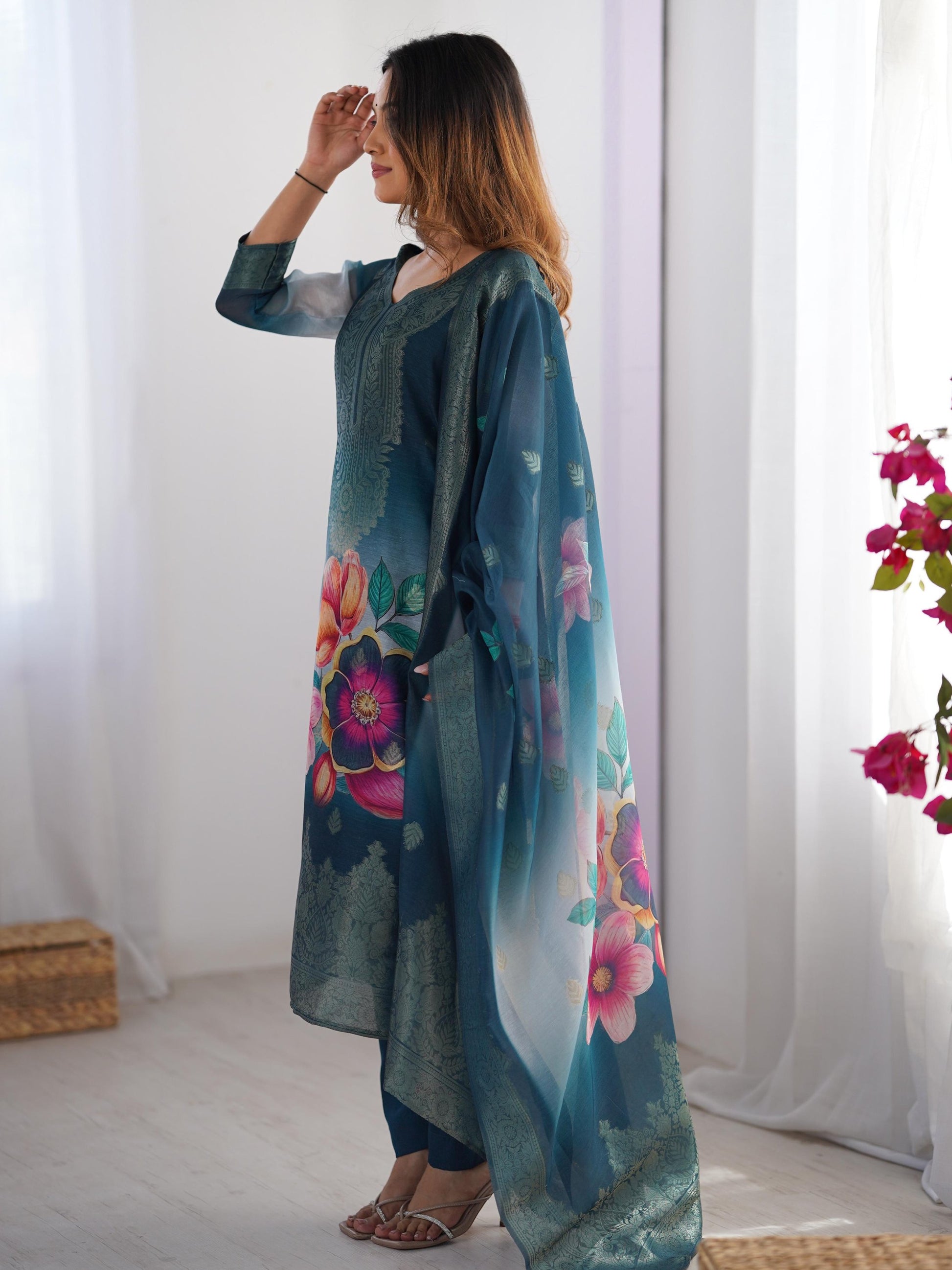 Fabulously Teal Blue Jacquard Work Chanderi Silk Traditional Pant Suit
