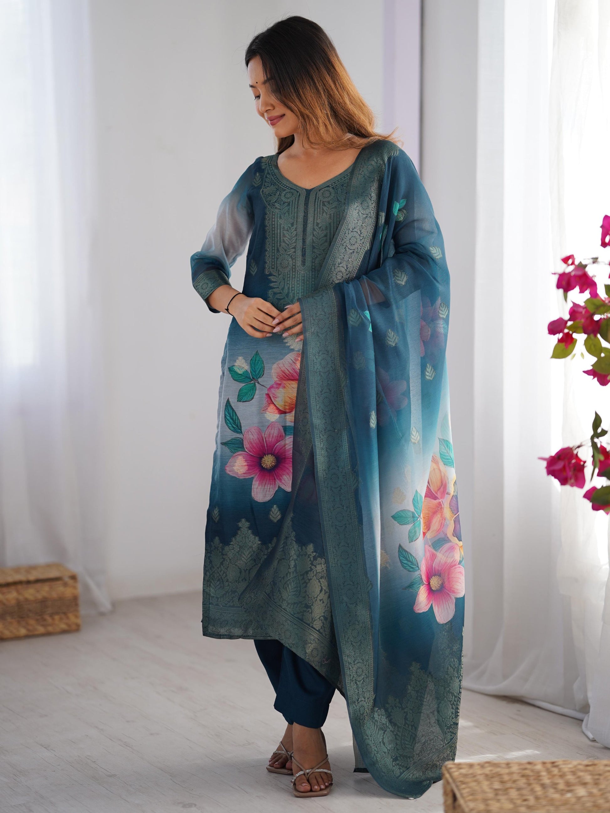 Fabulously Teal Blue Jacquard Work Chanderi Silk Traditional Pant Suit