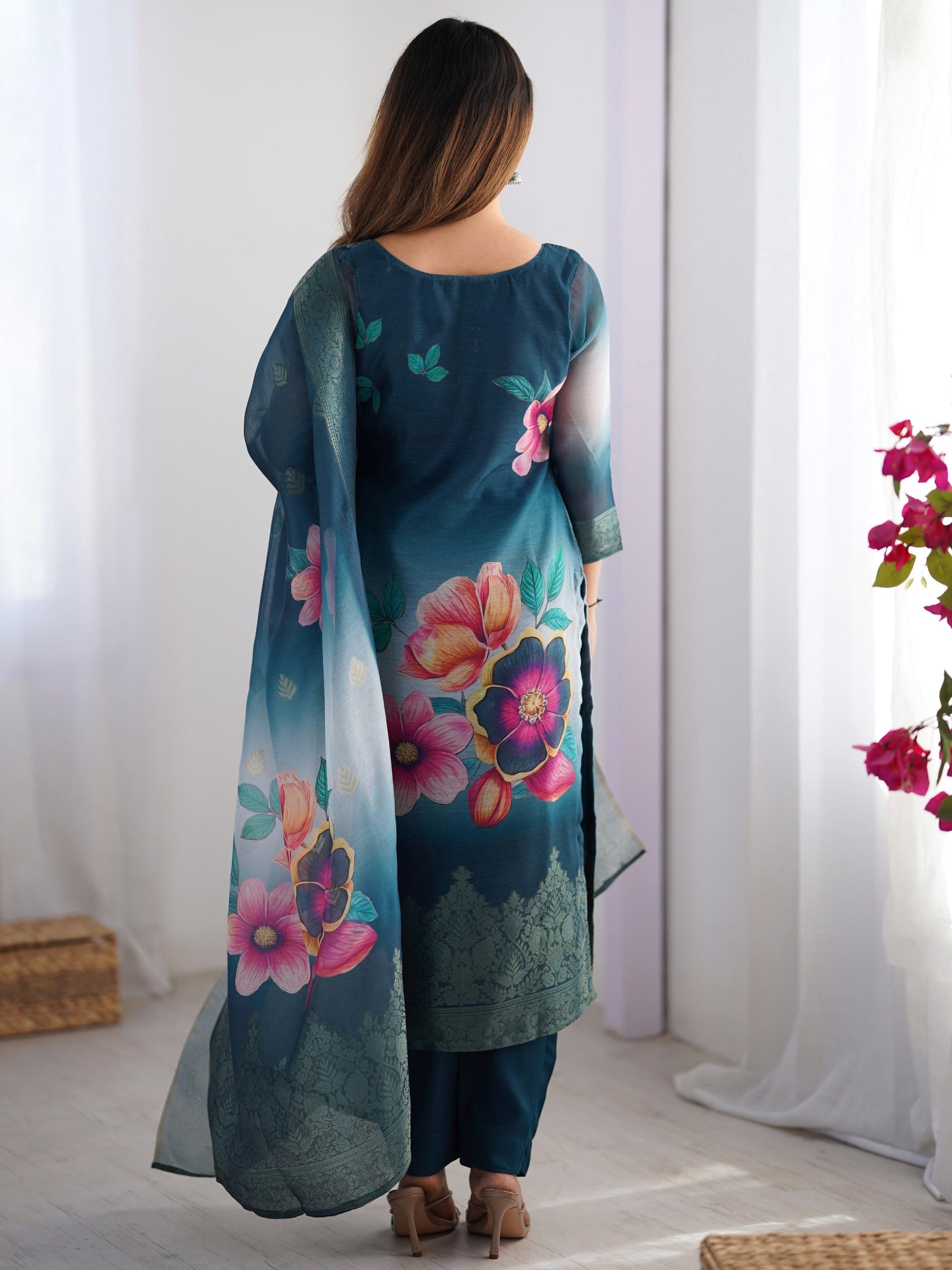 Fabulously Teal Blue Jacquard Work Chanderi Silk Traditional Pant Suit