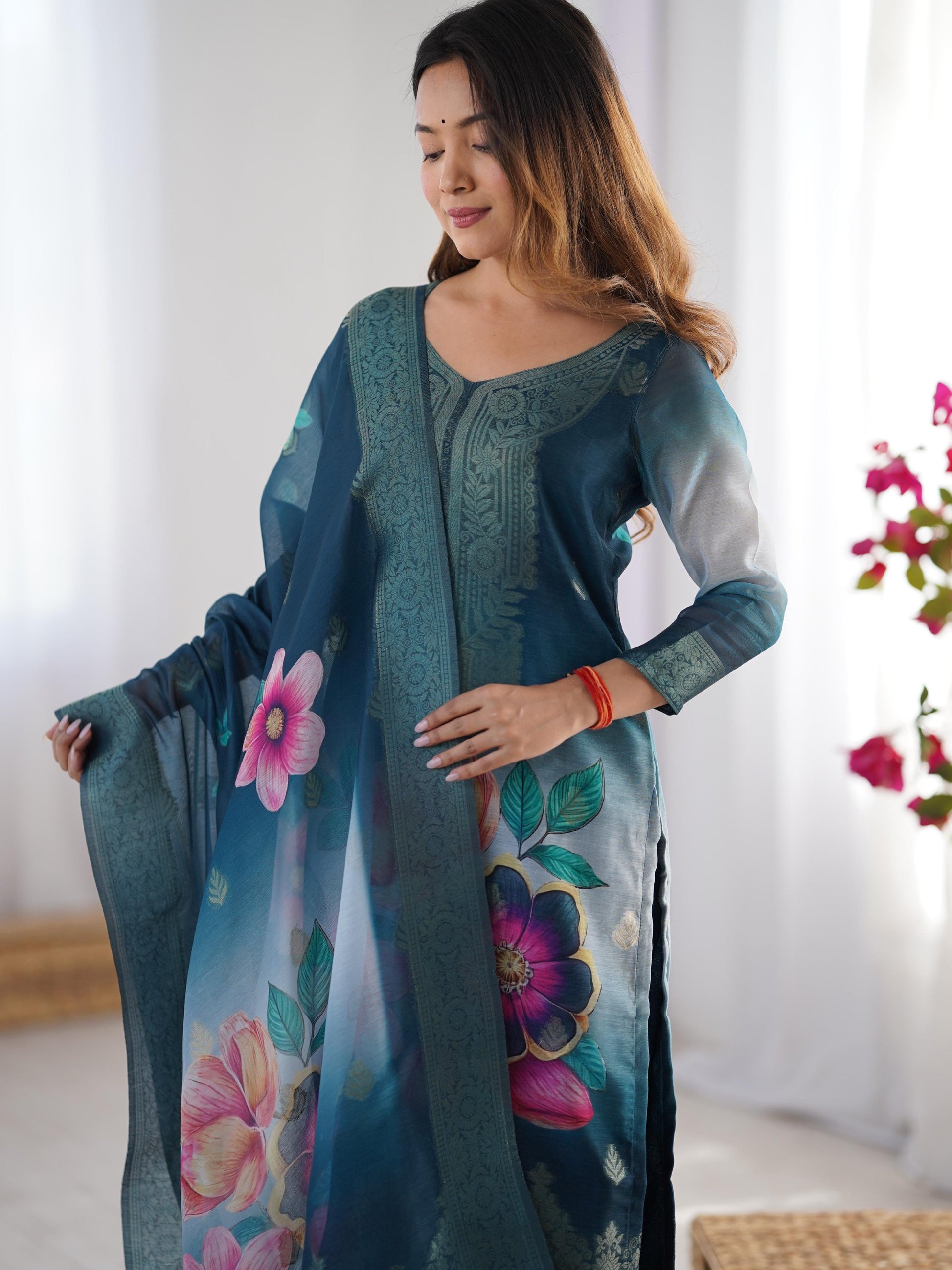 Fabulously Teal Blue Jacquard Work Chanderi Silk Traditional Pant Suit
